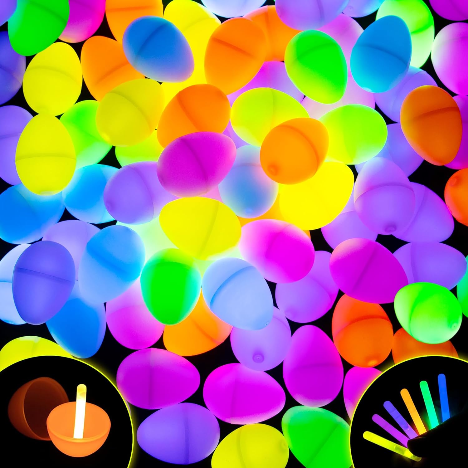 POPGIFTU Glow in the Dark Easter Eggs Bulk – 120 Prefilled Plastic Eggs with 240 Mini Glow Sticks for Night Egg Hunt, Easter Basket Stuffers, Party Favors & Classroom Prizes