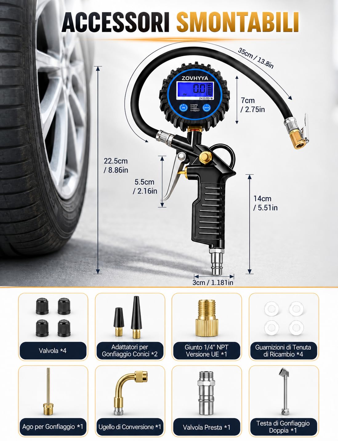 Manometro Pressione Gomme Professionale 220PSI Manometri per Pneumatici Pistola Gonfiaggio Pneumatici con 4 Tappi Valvola 2 Ugelli 1 Valvola Francese 1 Stelo di Prolunga in Metallo 90 Gradi