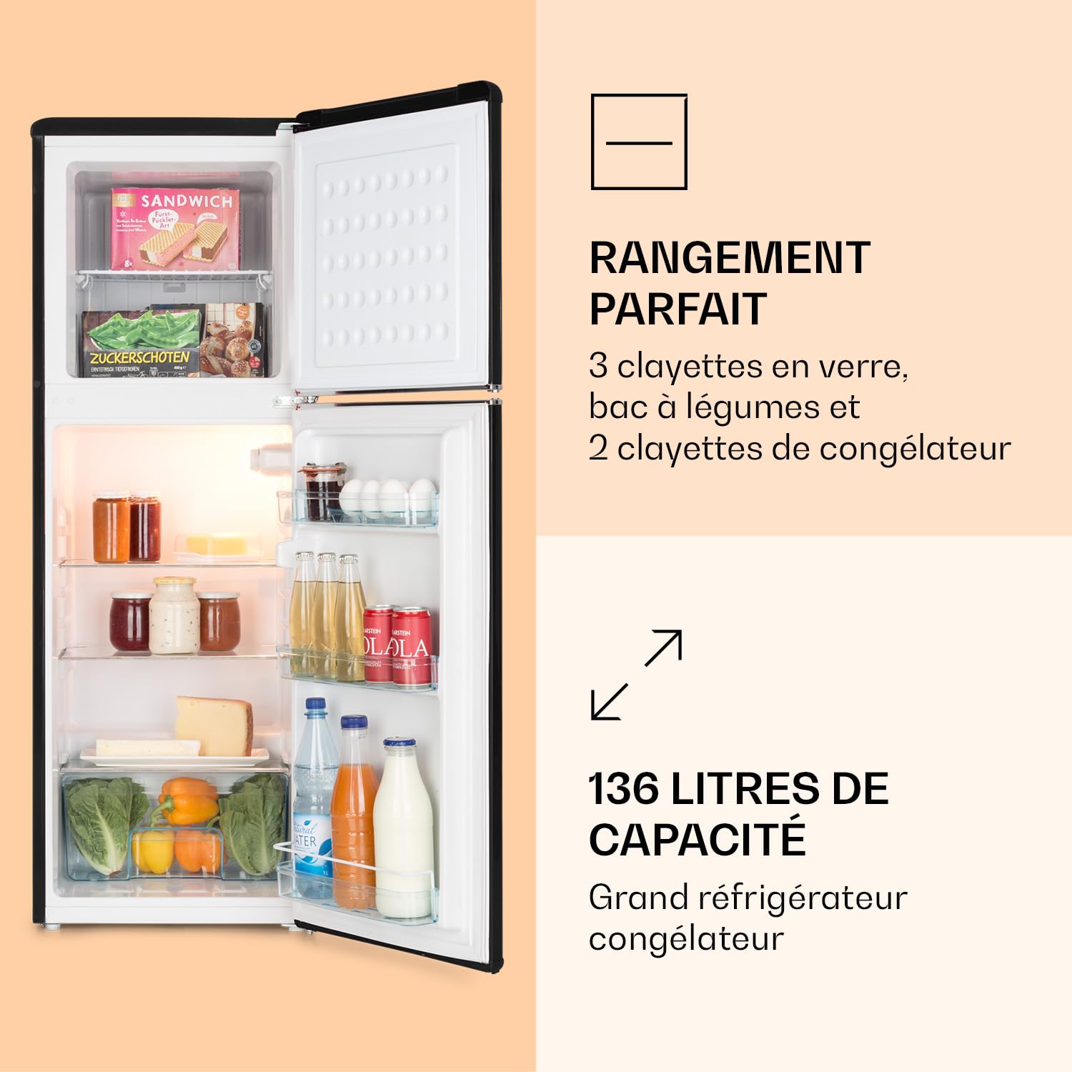 KLARSTEIN Audrey Retro - Réfrigérateur-congélateur combiné rétro, réfrigérateur et congélateur, capacité de refroidissement variable en continu, éclairage intérieur, niveau sonore 41 dB, noir