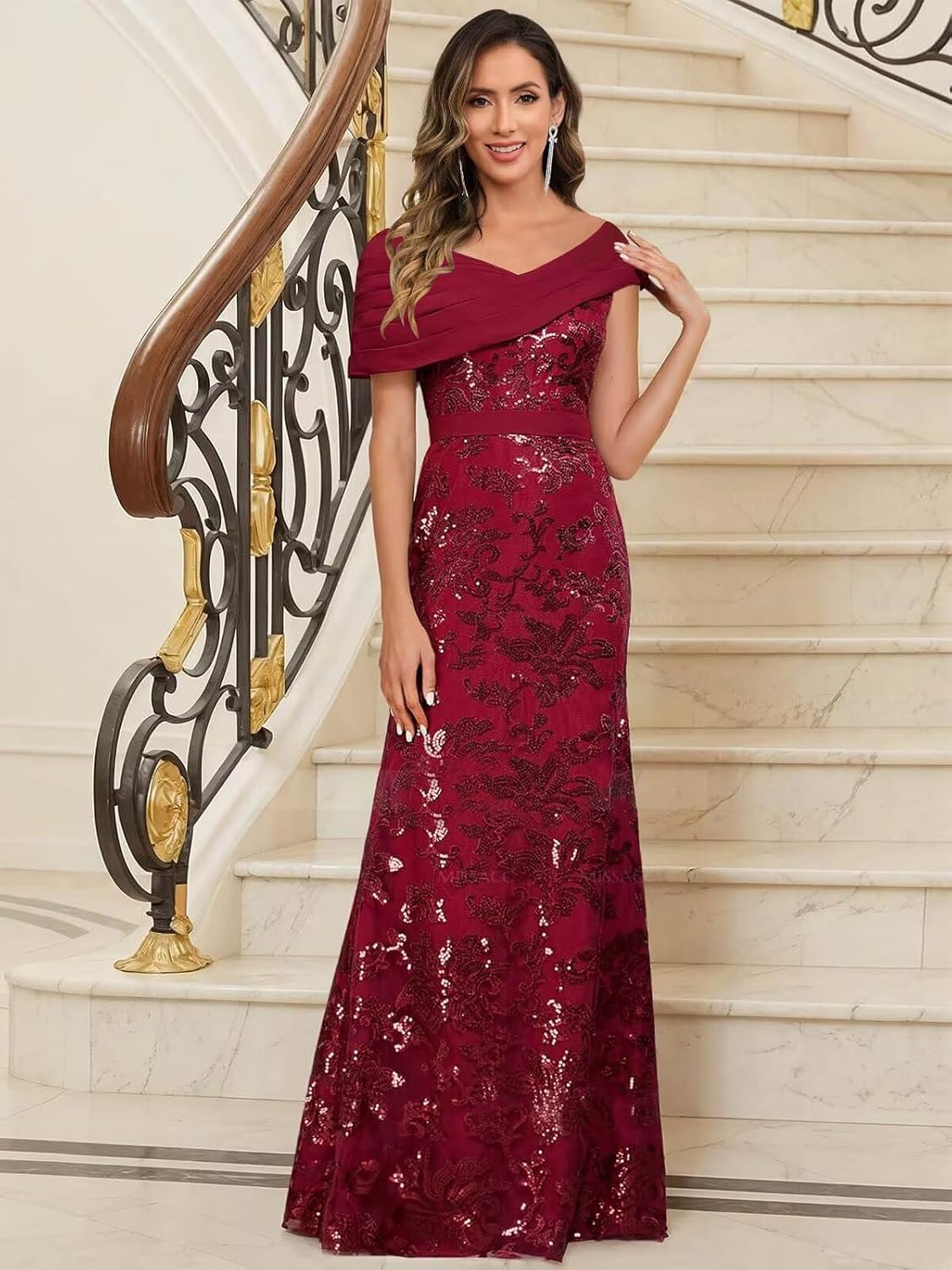 VCCICANY Sequin Mermaid Mother of The Bride Dresses for Women Chiffon Off Shoulder Ruched Long Formal Evening Gowns - Image 3