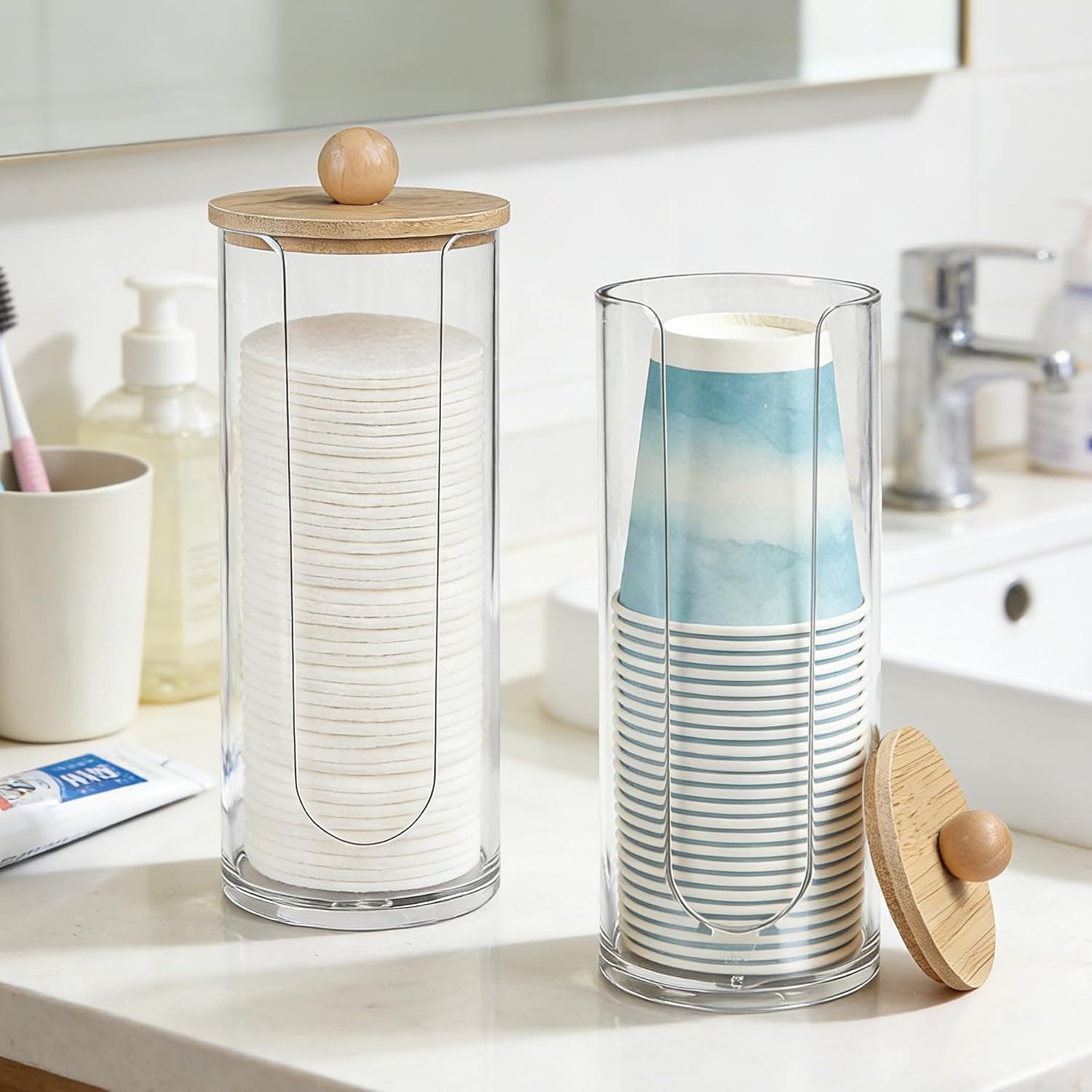 2-Pack Bathroom Cup Dispenser, Mouthwash Cup Holder for 3 oz Disposable Paper and Plastic Cups with Bamboo Lid, Cup Organizer for Bathroom, Kitchen, Office, Clear