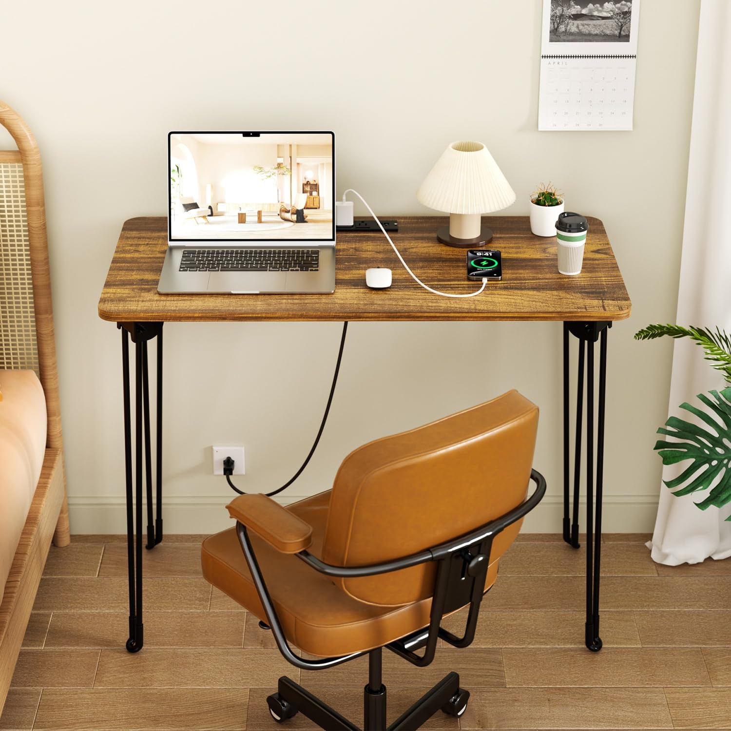 Folding Desk, 31.5" Hairpin Legs Small Desk with Power Strip for Bedroom, Space Saving Foldable Computer Desk for Home Office, No Assembly Need,Brown