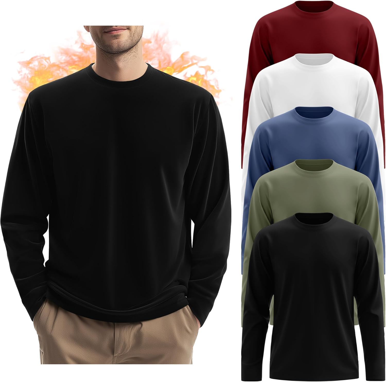 5 Pack Mens Big and Tall Thermal Shirts Fleece Lined Long Sleeve Loose Fit Tops Plus Size Undershirt Multipack