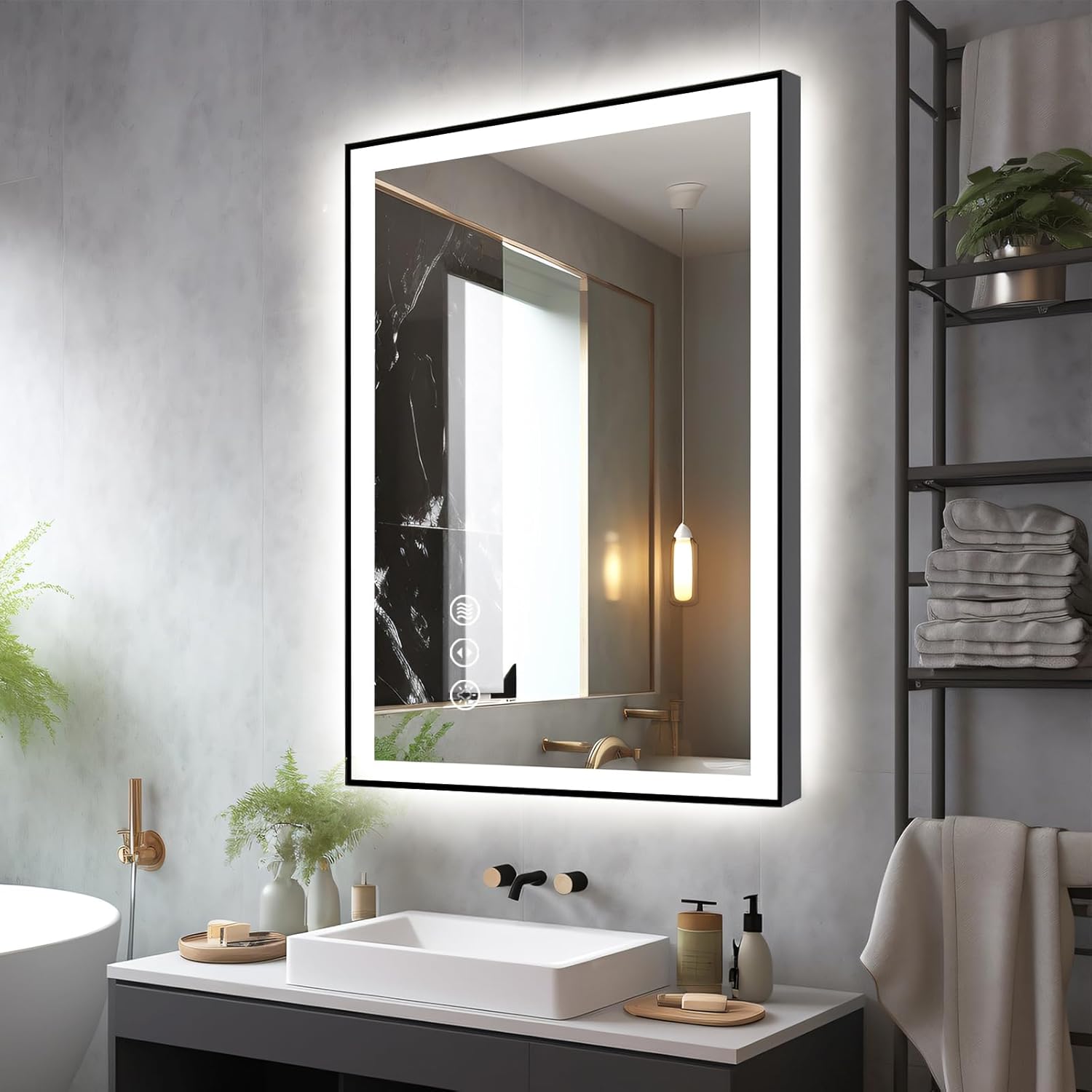24x32 LED Bathroom Mirrors for Wall -Black Aluminum Framed (Front and Backlit), Anti-Fog Vanity Mirror With Lights,Stepless Dimmable Lighted Mirror,3 Colors Smart Mirror(Horizontal/Vertical)