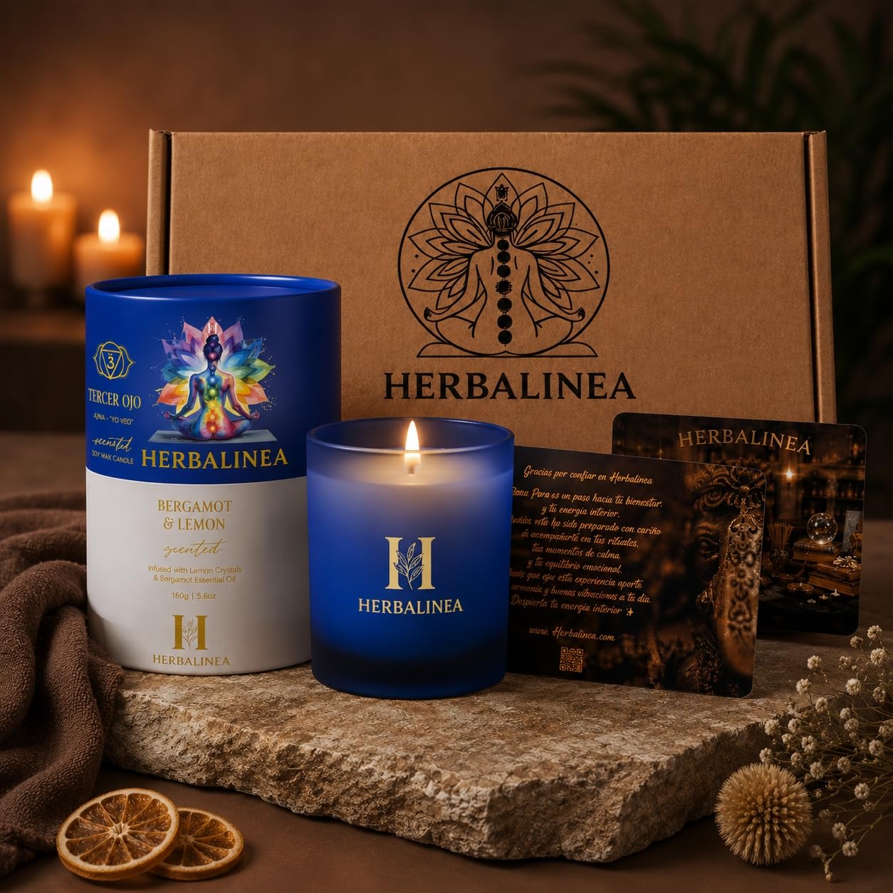 Candela profumata in 100% cera di soia con pietre naturali e fiori secchi, chakra del terzo occhio, candela profumata per meditazione, yoga e relax, decorazione zen, regalo originale per donna, 160 g