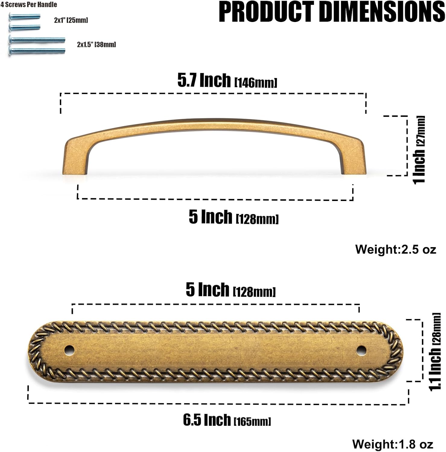 2 Pack Antique Brass Cabinet Pulls with Backplate, 5 Inch Hole Center Vintage Braided Rope Drawer Handles, Solid Zinc Alloy Decorative Hardware for Dresser, Wardrobe, Kitchen Cupboard