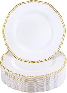 Hioasis 60pcs Gold Plastic Plates - White and Gold Disposable Plates - 7.5inch Gold Disposable Dessert Plates Perfect for Wedding & Party & Thanksgiving