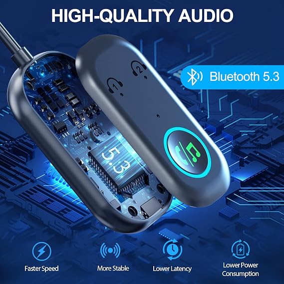Bluetooth Transmitter Receiver, Wireless Car/Airplane Bluetooth 5.3 Adapter,Compatible with 2 AirPods or Wireless Headphones,Adapter for TV, Airplane, Headphone, Airpods, Speaker, Car