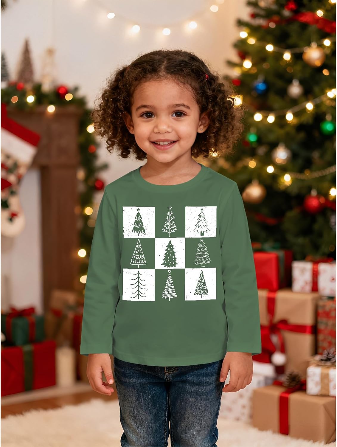BOUTIKOME Toddler Christmas Shirts Baby Boys Girls Retro Xmas Tree Tees Long Sleeve T-Shirt Holidays Tops Clothes Outfits