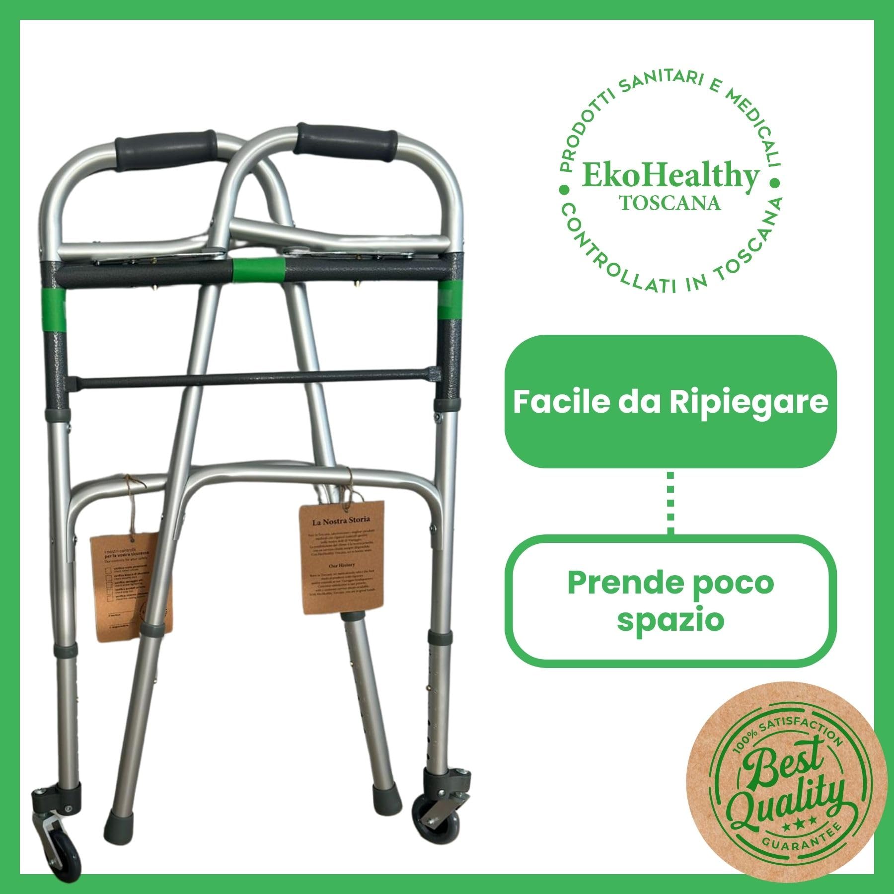 EkoHealthy® Deambulatore Vivo Sicuro Controllato In Toscana, Leggero E Resistente Fino A 136kg, Pieghevole, Regolabile In Altezza, 2 Ruote Piroettanti. Adatto A Disabili E Anziani. Grigio Scuro
