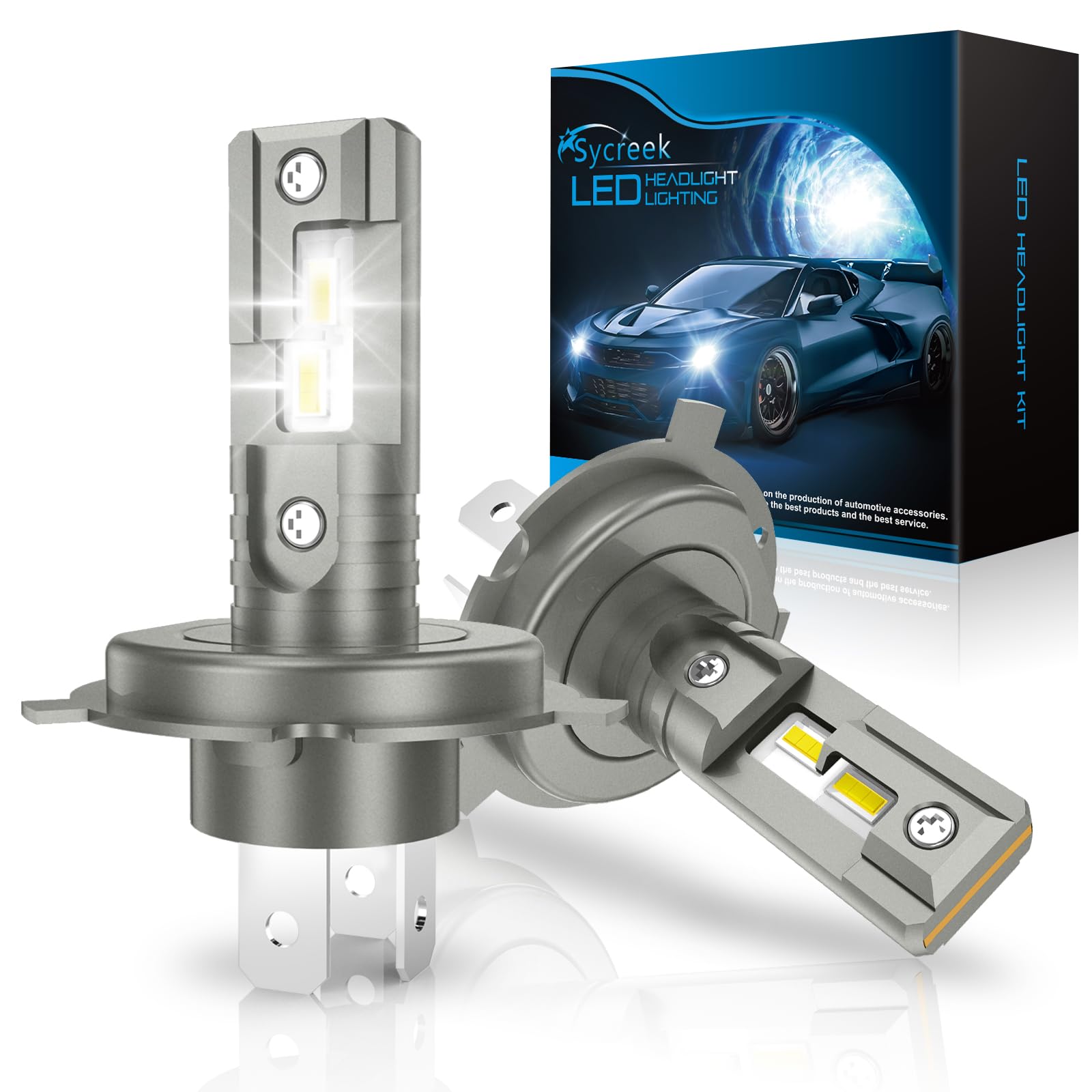 Sycreek Ampoules LED H4, 60W 19000LM 6500K Lumières Blanches, Ampoule H4 LED Phares Voiture et Moto, Conception Mini 1:1, Plug and Play Remplacement pour Halogènes, 2 Lampes