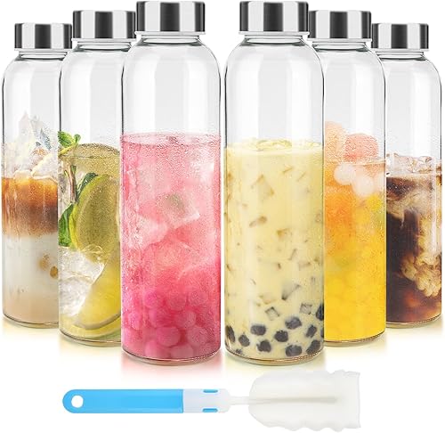 Botellas de vidrio transparente de 18 onzas con tapas, botellas de agua de vidrio reutilizables para jugos, kombucha, jugo, café frío, té helado y