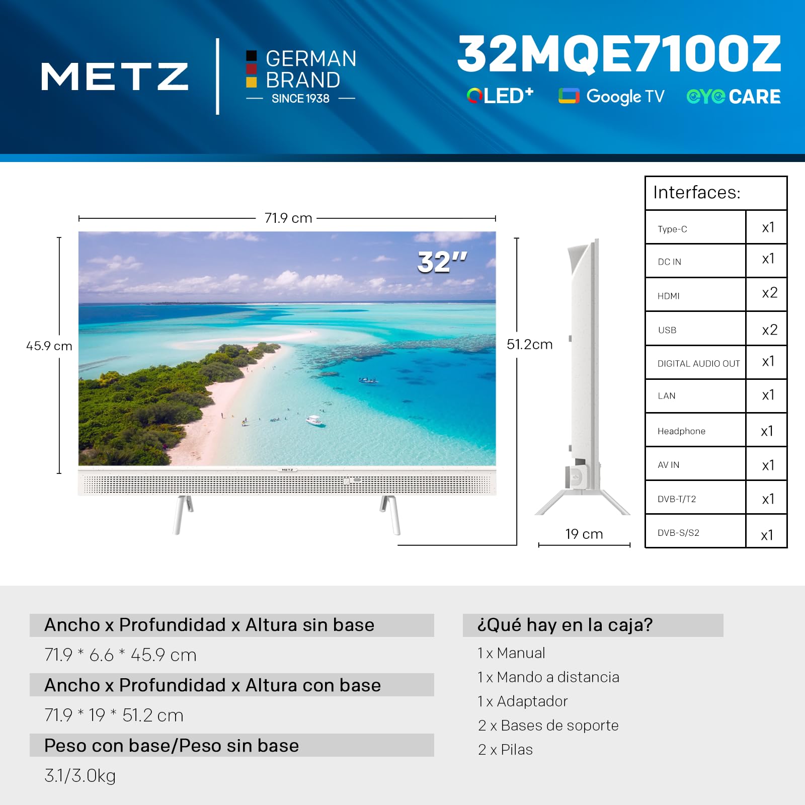 Metz 32 Pulgadas QLED Smart TV Portátil, 32MQE7100Z Google Television, HD, HDR10, 2x10W Potentes Altavoces Frontales, DBX, Dolby Audio, USB-C, Chromecast, Trabajar con Google Assistant, Blanco, 80cm