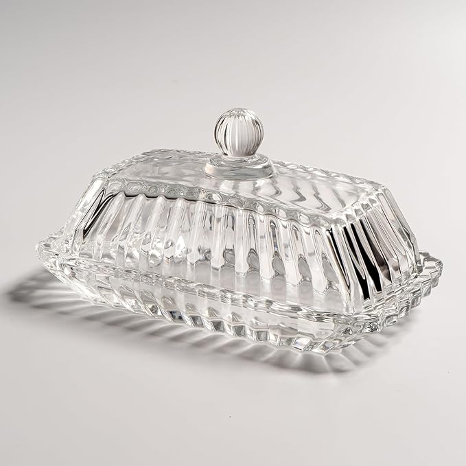 Clear Glass Butter Dish with Lid, Covered Butter Stick Holder Tray, Crystal Glass Butter Storage Container for Fridge Countertop