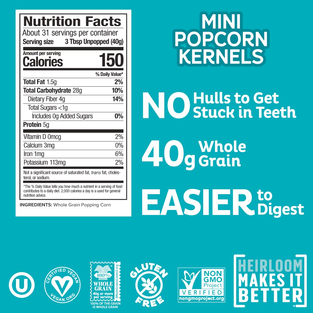 Pip's Heirloom Snack Mini Popcorn Kernels – 44 oz Jar | Non-GMO, Vegan, Gluten Free Snacks, Healthy Unpopped Popcorn