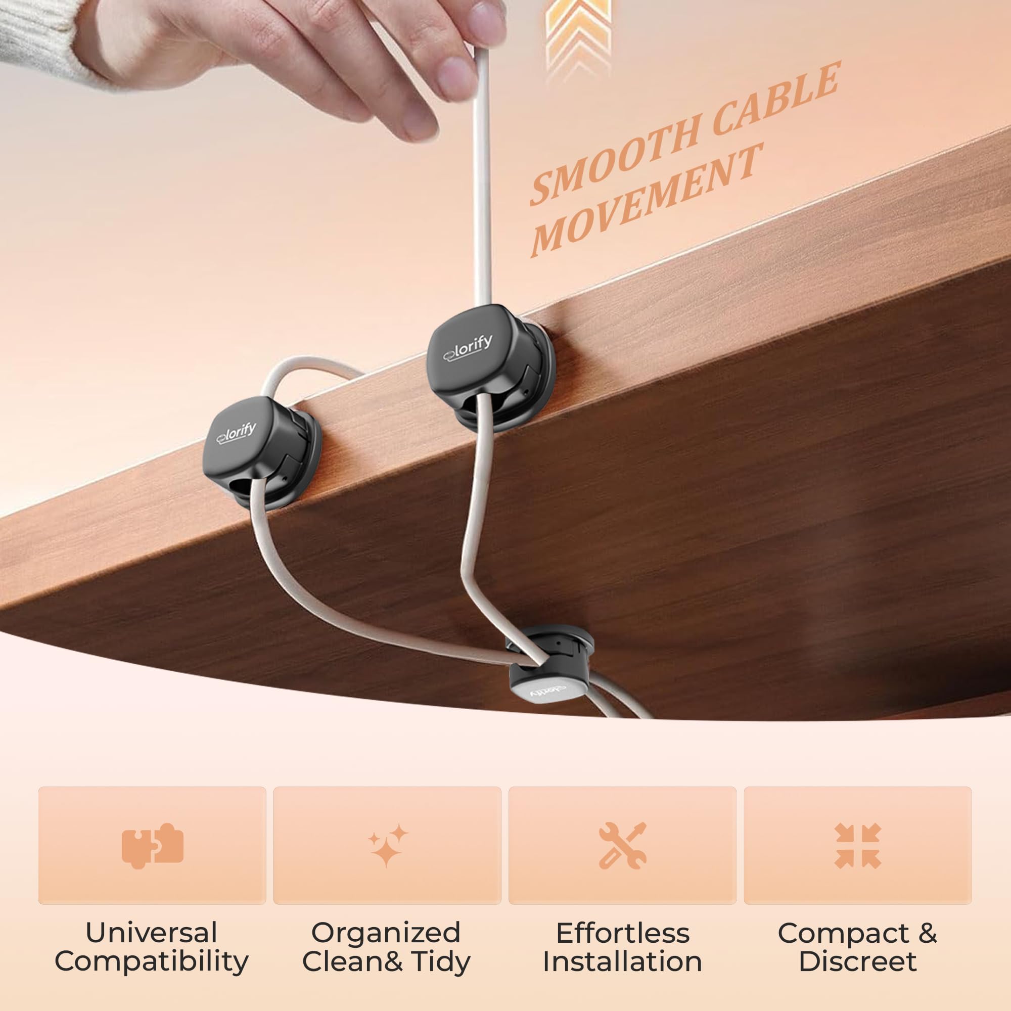 Organizador de cables giratorio, paquete de 8 soportes negros con adhesivo fuerte para gestión de escritorio y espacio de trabajo