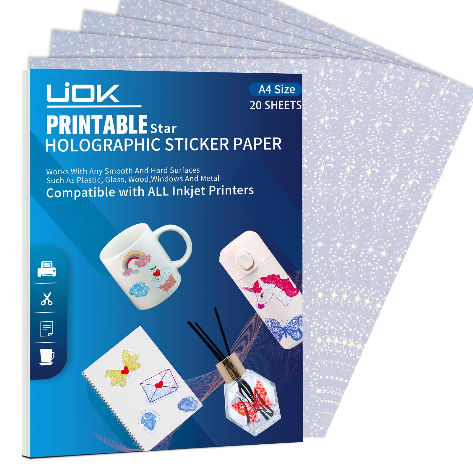 20 Fogli Carta Adesiva Olografica A4 - Impermeabile, Per Stampante, 5 Stili Diversi