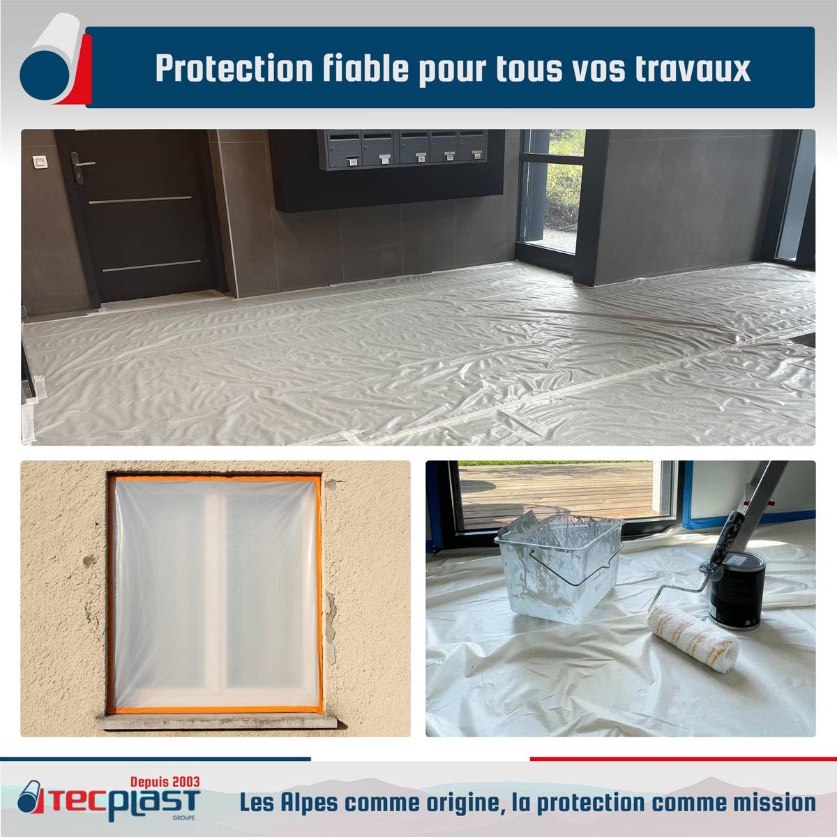 TECPLAST Bâche peinture en ROULEAU 3x15 m 80RPE Translucide - Haute Qualité - Film plastique de protection sol - Made in France