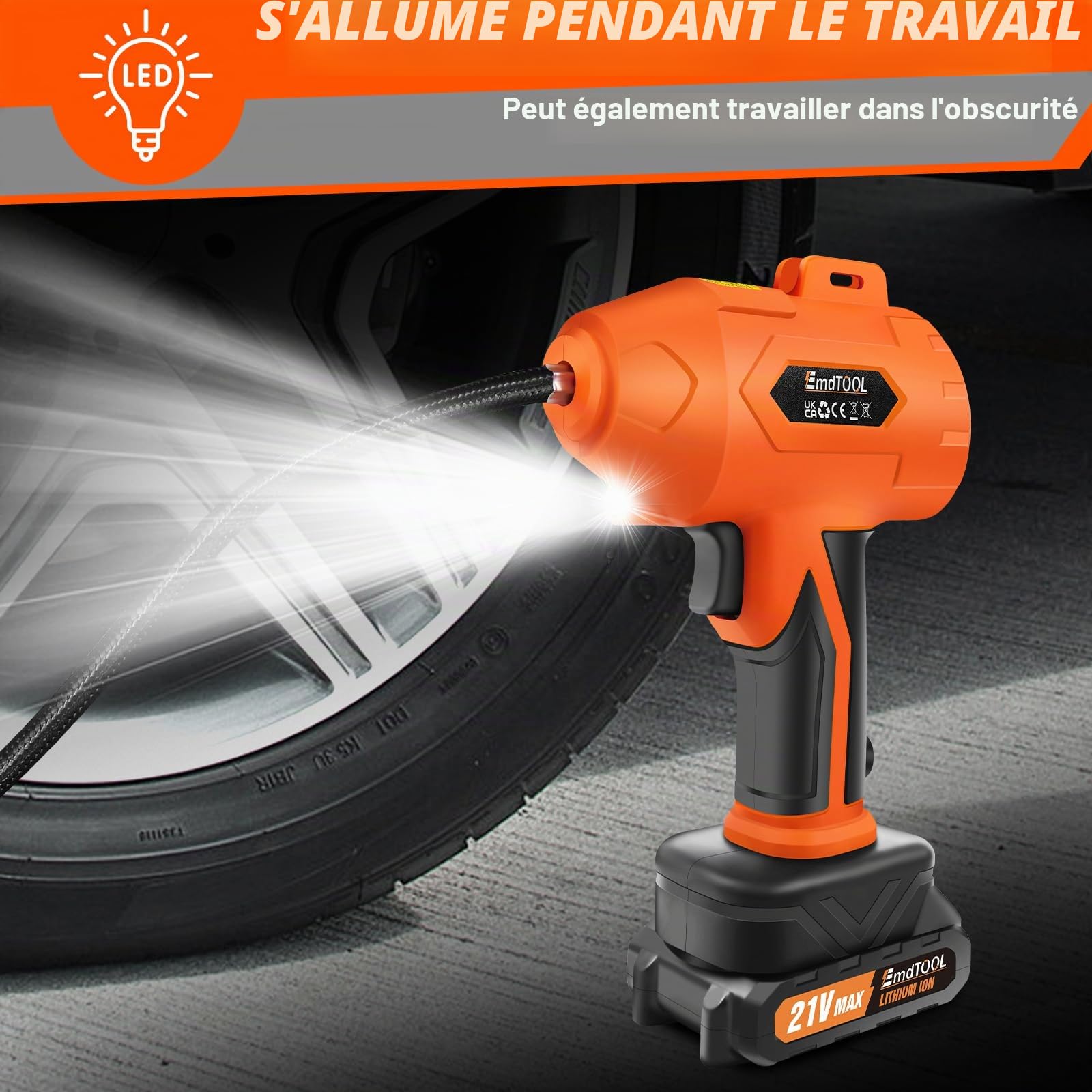 Gonfleur de pneu Compresseur d'air avec batterie 21 V et câble CC 12 V Pompe portable avec manomètre numérique (max. 180 PSI) pour voitures, motos, vélos et ballons