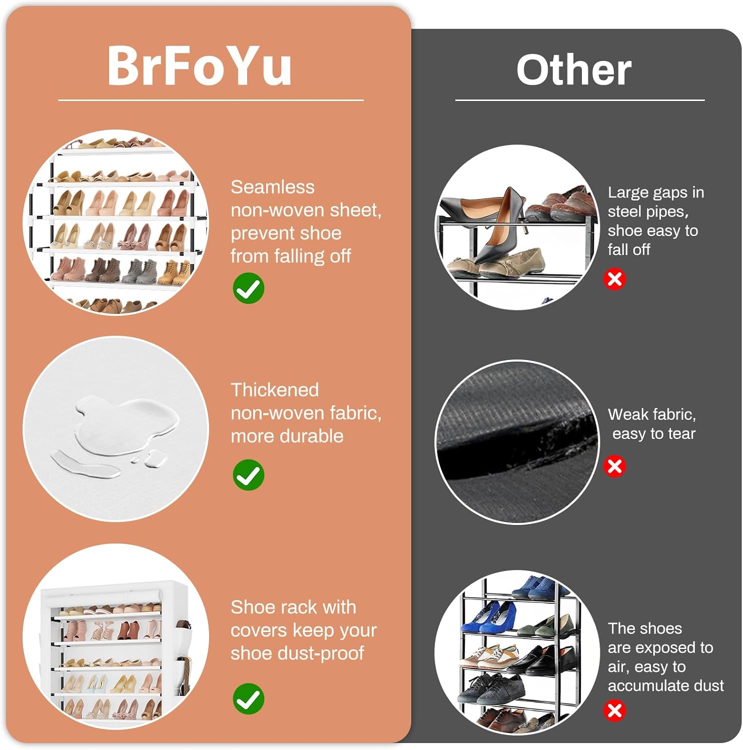 Shoe Rack with Cover, 10 Tier Shoe Organizer Storage for 40-50 Pairs Sneaker and Boots, Large Capacity, with 8 Pockets, Free Standing Tall Shoe Rack for Front Door Entrance, Closet, White