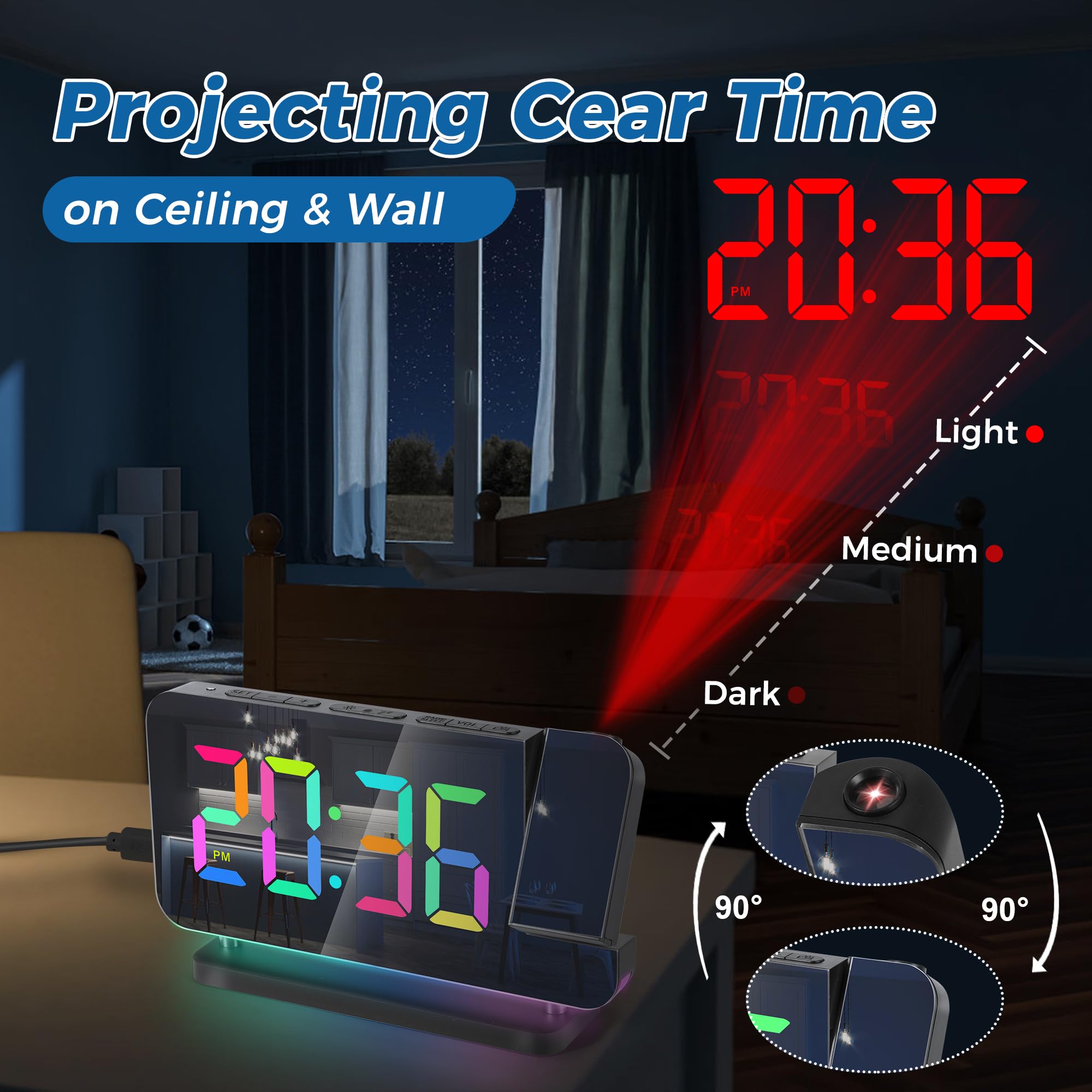 Sveglia con proiezione e radio, Orologio digitale con proiettore girevole a 180°, Sveglie da comodino con 10 modalità di luce notturna RGB, display LED a 11 colori, dimmerabile, volume, Casa, Nero