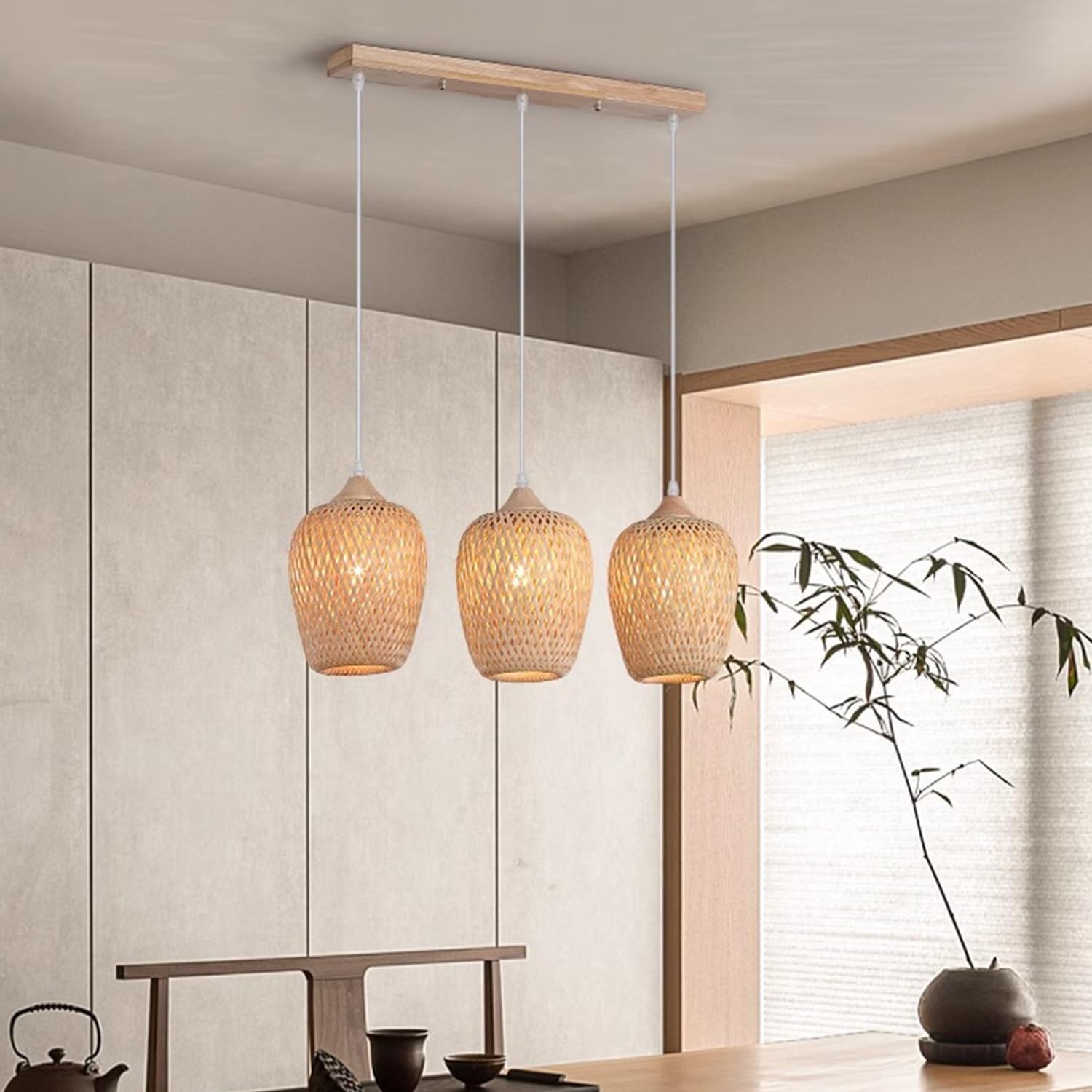 Lampada A Sospensione In Bambù Intrecciato Lampadario Artigianale Ellittica Sospensione Vintage Industriale E27 For Isola Cucina Sala Da Pranzo Soggiorno(3-flammig)