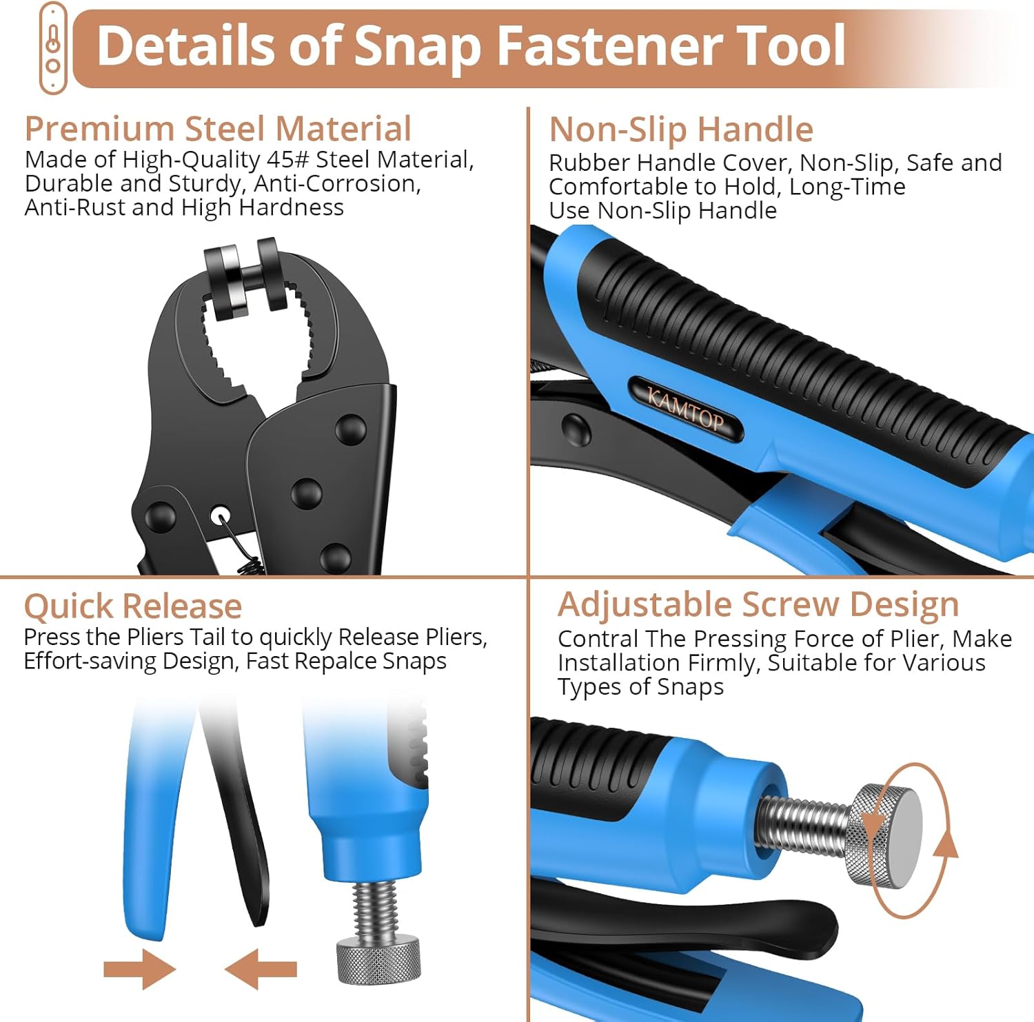 Kamtop Snap Fastener Tool Kit - Adjustable Snap Fastener Plier with 30 Sets Metal Snaps, Buttons Setter Canvas Snaps Install Press Tool for Replacing Boat Cover, Tarps, Leather
