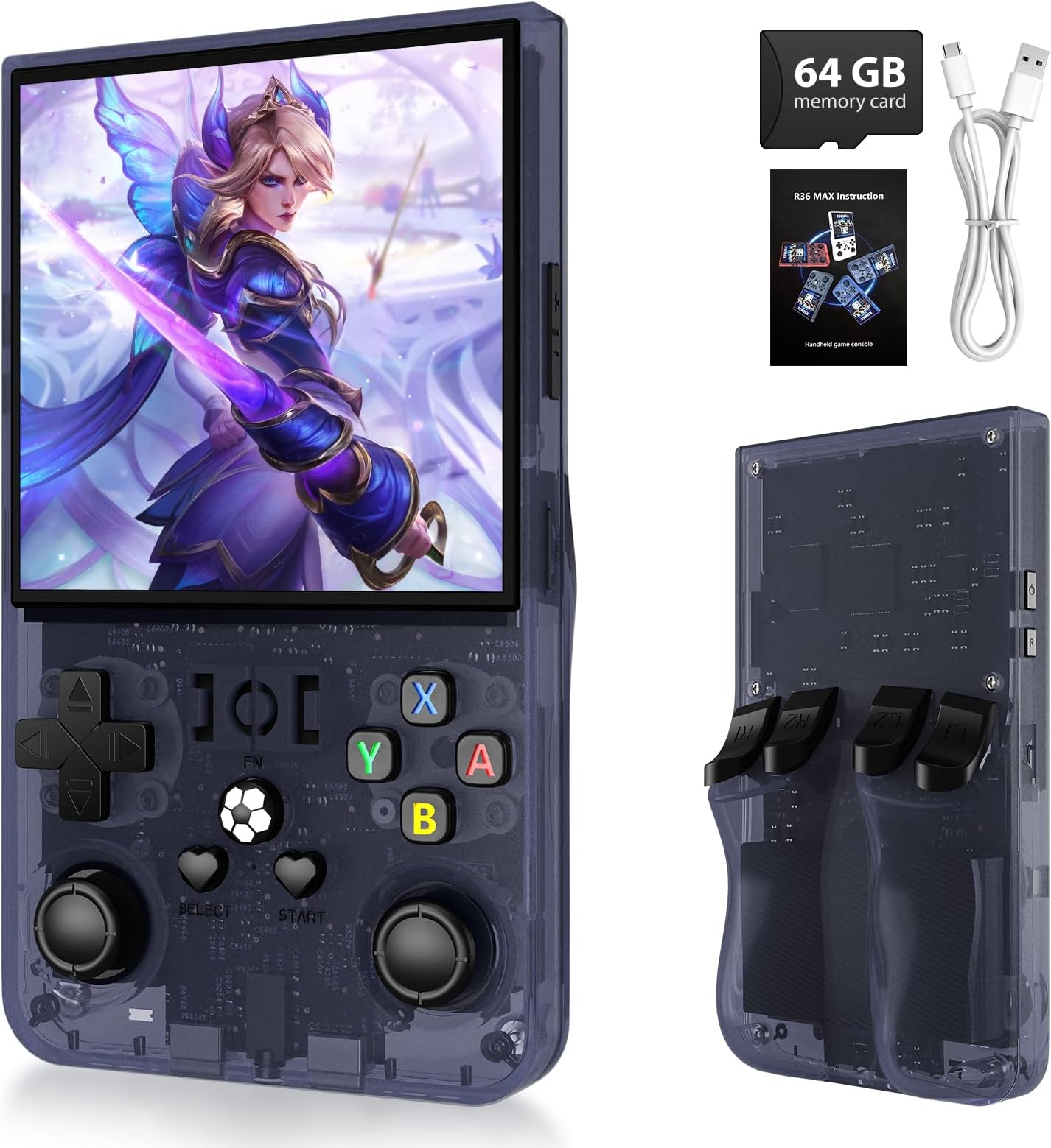 R36MAX Handheld Retro Game Console,Retro Video Game Console Built-in Games,4.0 inch IPS Screen,Linux System with Professional Gaming Chip,4000mAh Rechargeable Battery(Transparent Gray)