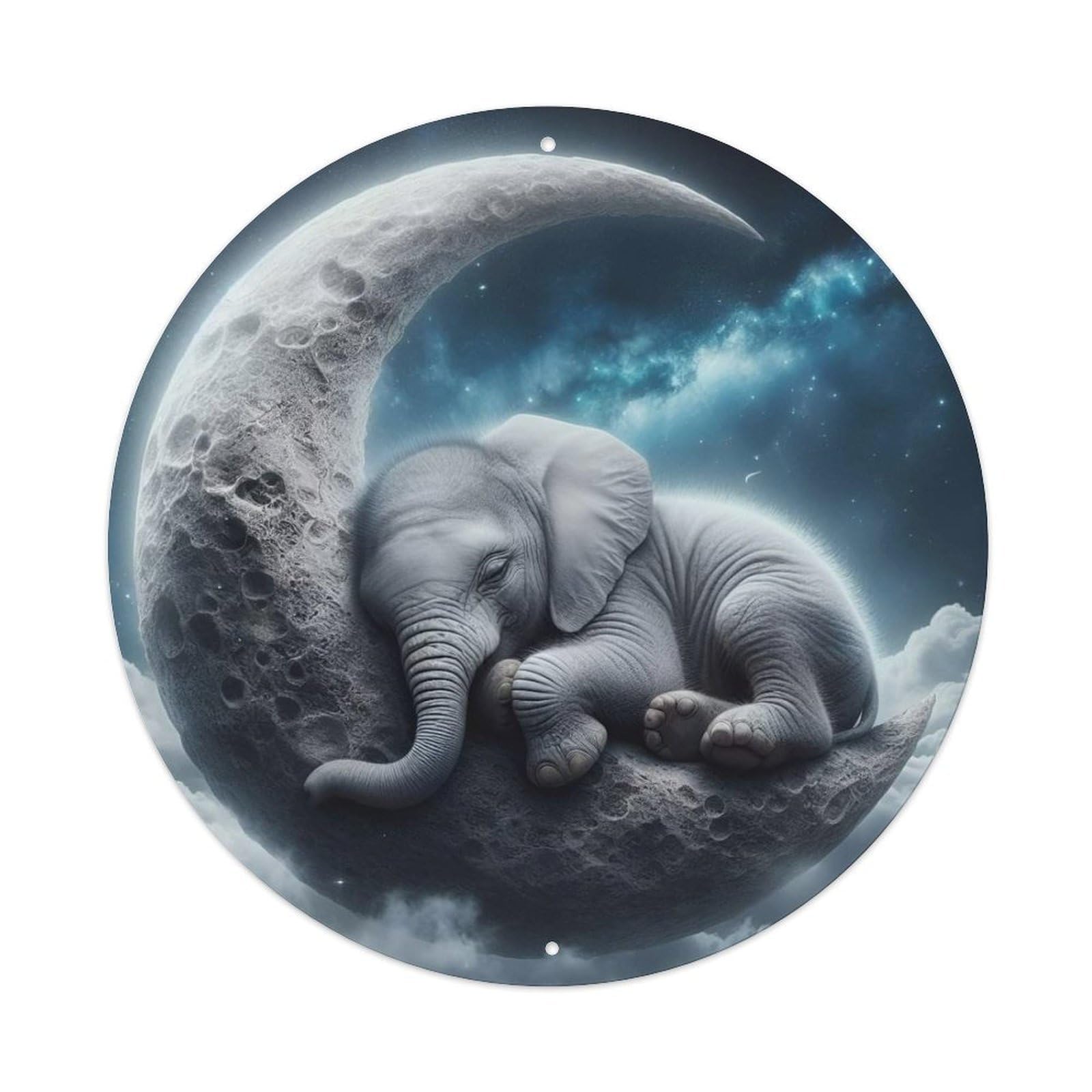 Animal Baby Elephant Sleeping on Crescent Moon Dreamy Space Vintage Metal Tin Sign Plaque Wall Decor for Cafe, Club Bar, Office, Garden Metal Poster 8x8Inch