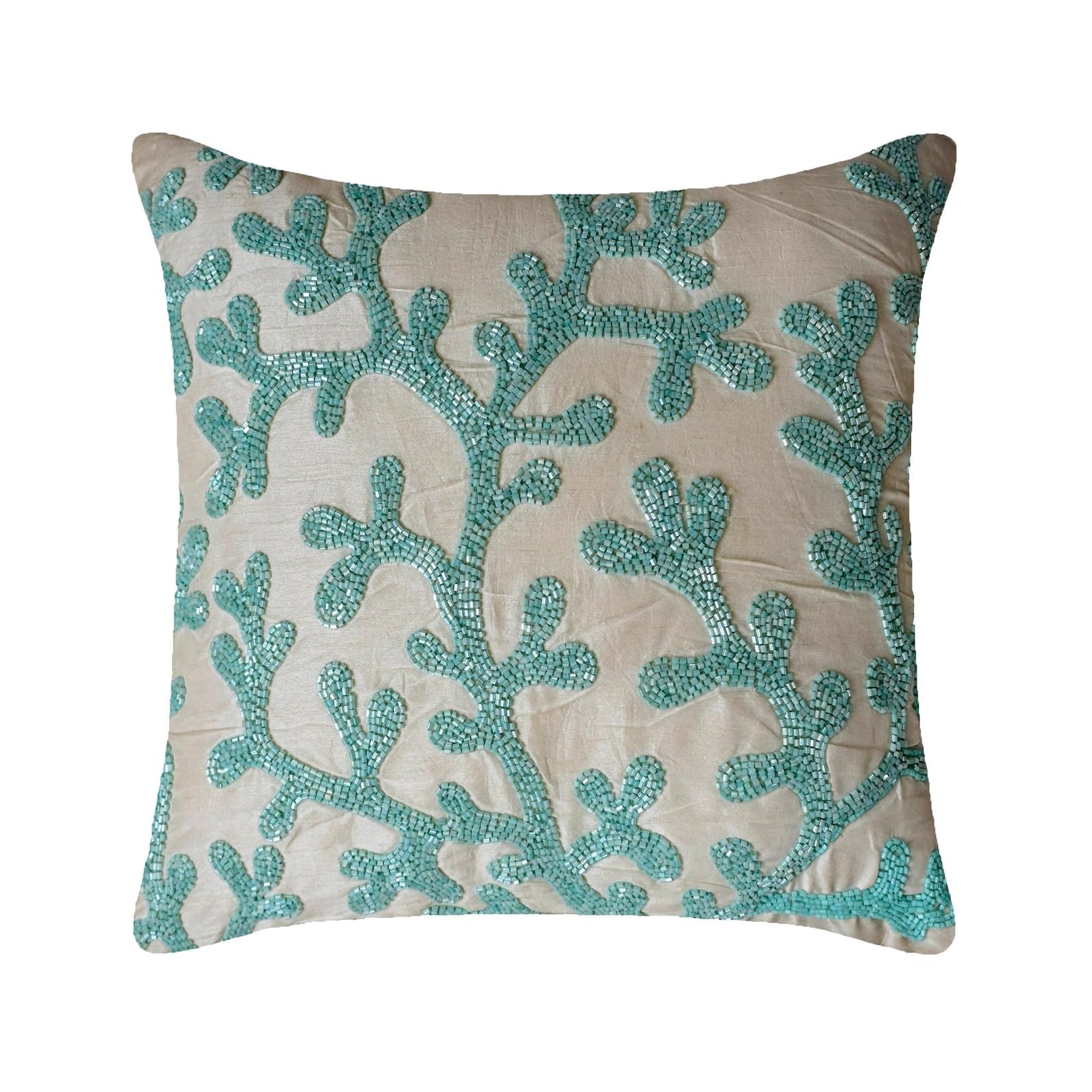 The HomeCentric Aqua Blue Throw Cushions Cover, Sea Weeds Beach and Ocean Theme 40x40 cm (16x16 inch) Cushion Cover, Silk Cushion Covers, Floral Mediterranean Cushions Cover, French - Sea Weeds — image 1