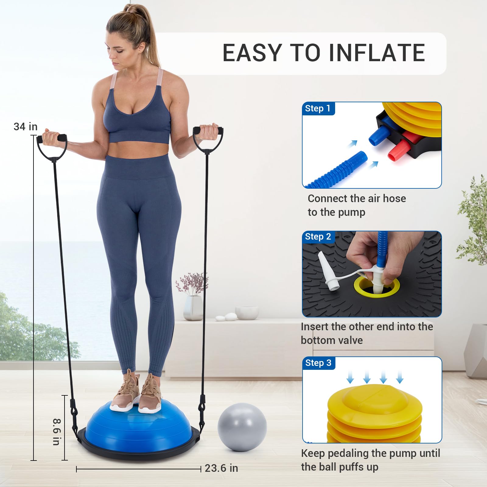 25 Zoll Balanceball, 726 kg (1600 Lbs) Halb-Gymnastikball Mit Rutschfester Unterseite, Aufblasbarer Halb-Yogaball, Krafttrainingsgerät Mit 2 Widerstandsbändern, Fußpumpe, Ersatzball Inklusive