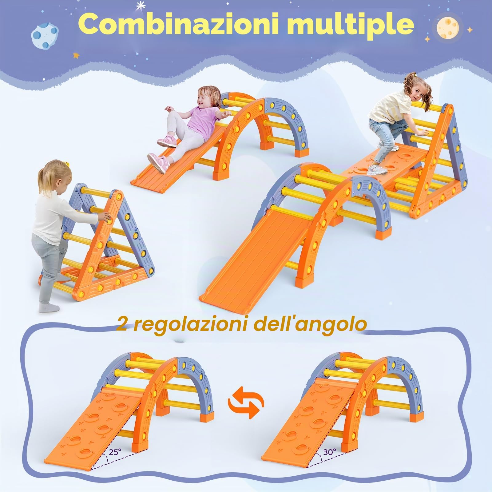 Struttura per arrampicata per bambinii, scaletta da arrampicata treppiede in plastica per bambini, set di gioco Montessori per intern (treppiede e arco e scala e scivolo)