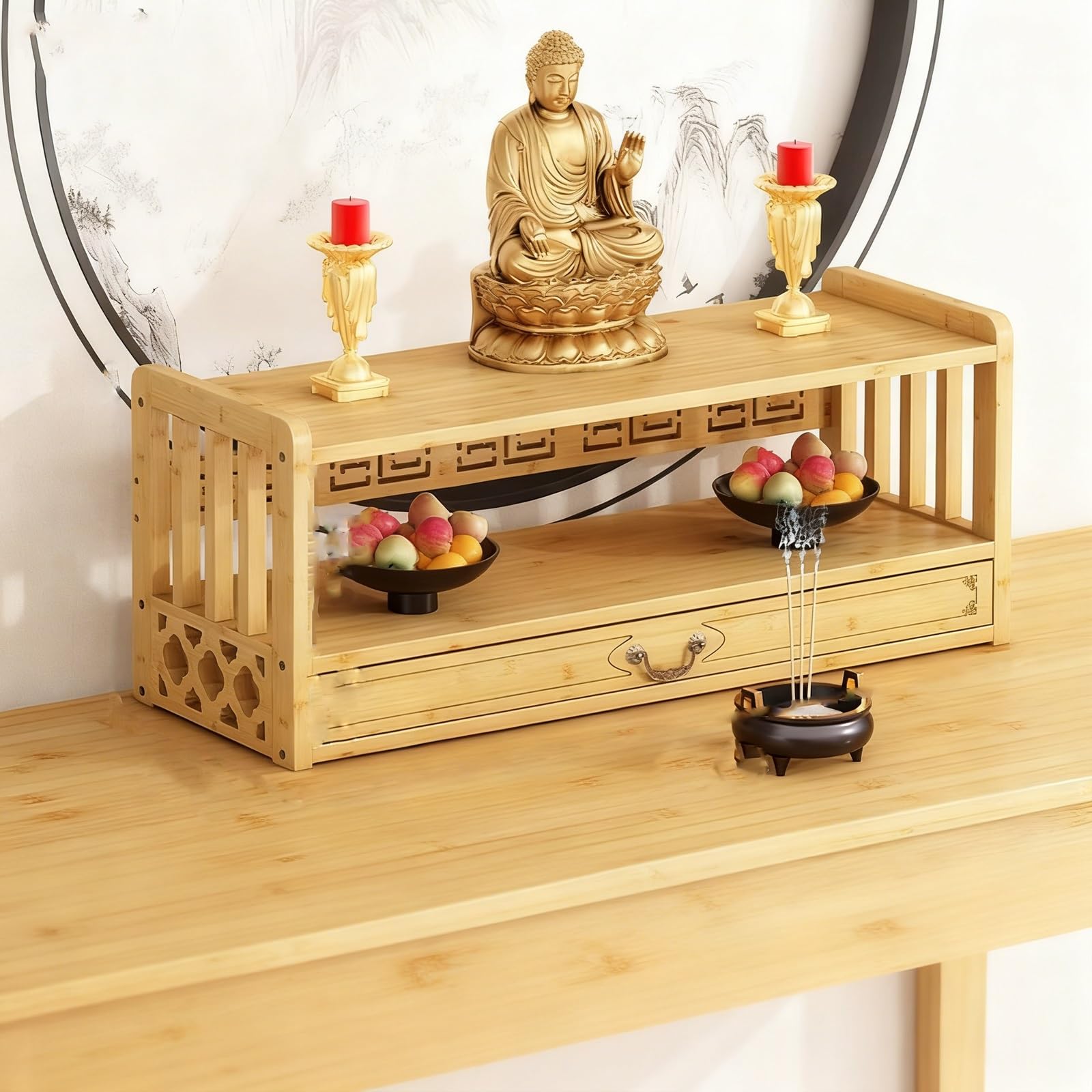 JNTFNE Buddhist Altar, Altar Table with Drawer, 3-Tier Meditation Table, Shrine Shelf, Small Buddha Niche, for Puja, Divination, Displaying Jars, Book(Yellow,69x25x28cm)
