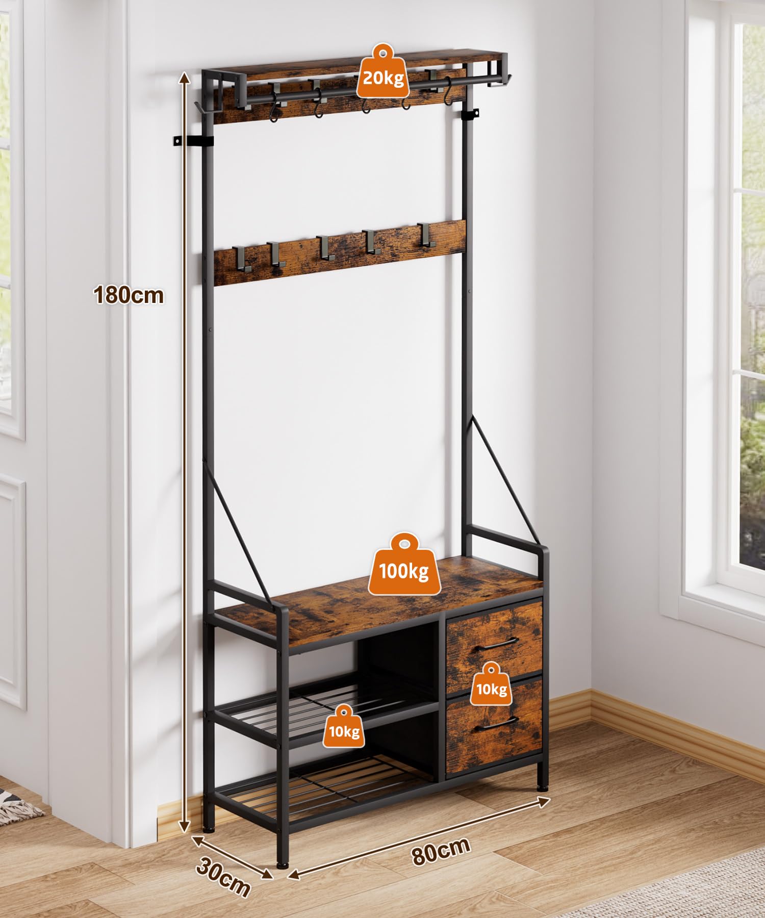 Yorbay Perchero multifuncional con zapatero banco: perchero extraíble para pasillo, marco de metal con cajones, ganchos – Perchero de pared zapatero para pasillo, salón, entradas
