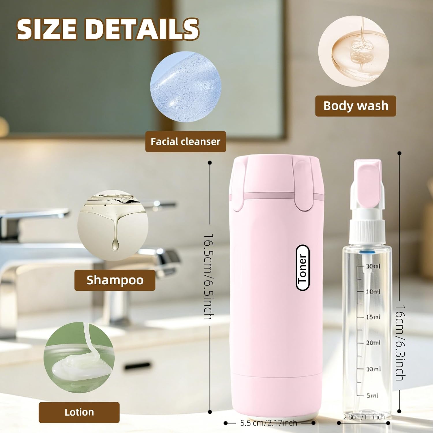 4-in-1 Travel Dispenser Bottle,4 Pack 30ML Travel Bottles for Toiletries, Leak Proof Travel Size Containers (Pink)