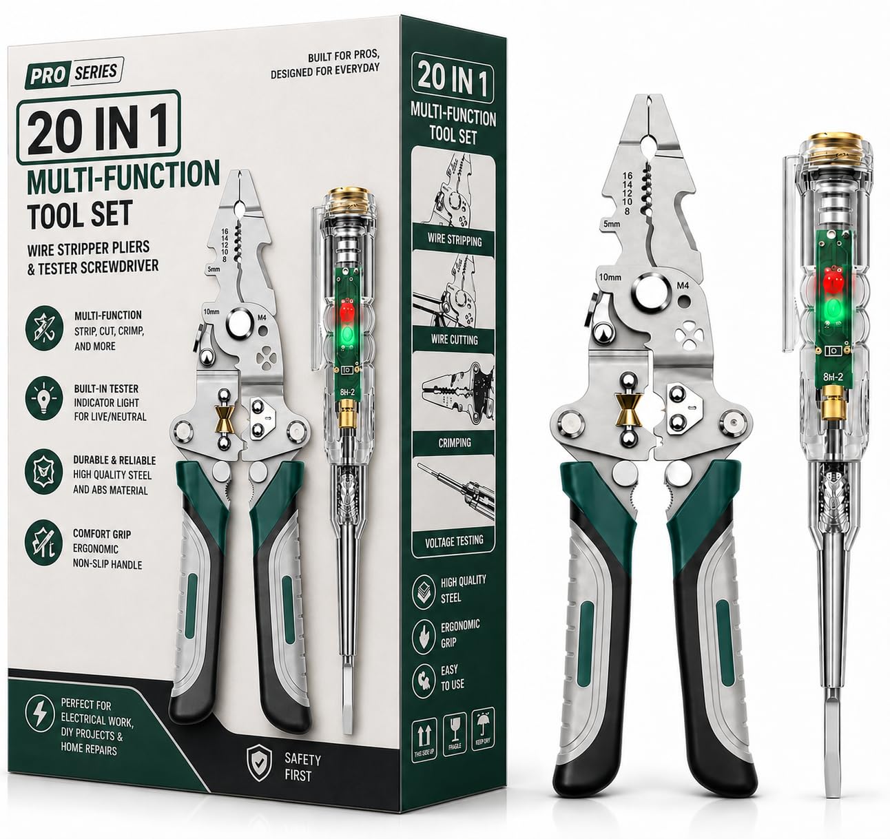 20-in-1 Wire Stripper Tool Kit with Tester Screwdriver | Multi Function Wire Stripping, Cutting & Crimping Pliers | Electrical Repair Tool for Electricians, Cable, DIY, Home & Professional Use-image-8