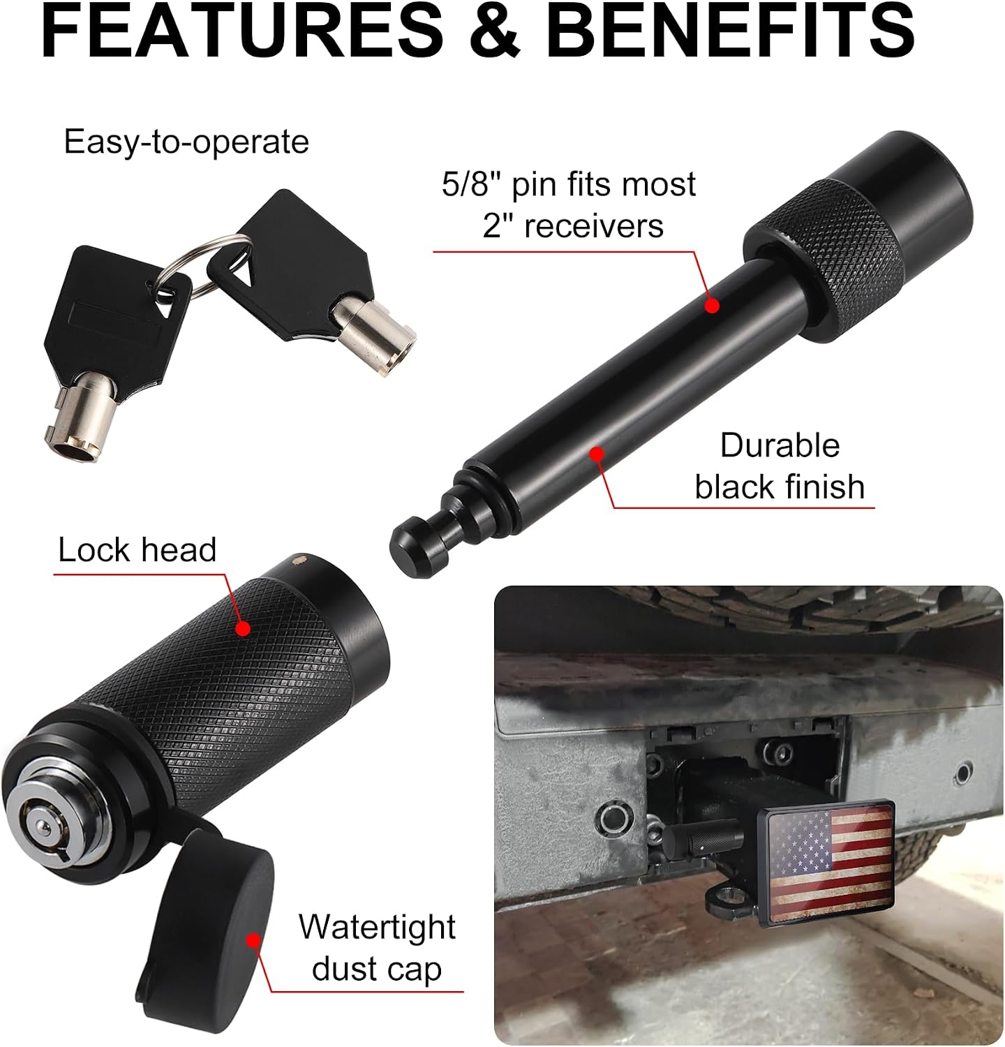 SINGARO Tow Hitch Cover, Heavy American Flag Metal Trailer Hitch Cover for 2 Inch Receivers, Ideal for Truck Accessories with 5/8-Inch Pin Diameter Trailer Hitch Lock(ABS)