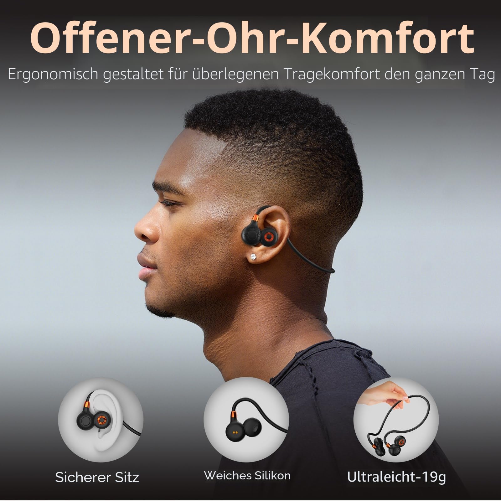 Ortizan Open Ear kopfhörer, kabellose kopfhörer Bluetooth 5.3, Kraftvoller Klang, 15 Stunden Wiedergabezeit, 19 G Leicht, IPX6 Wasserdicht, Laden Fester Halt für Laufen, Fitnessstudio, Training