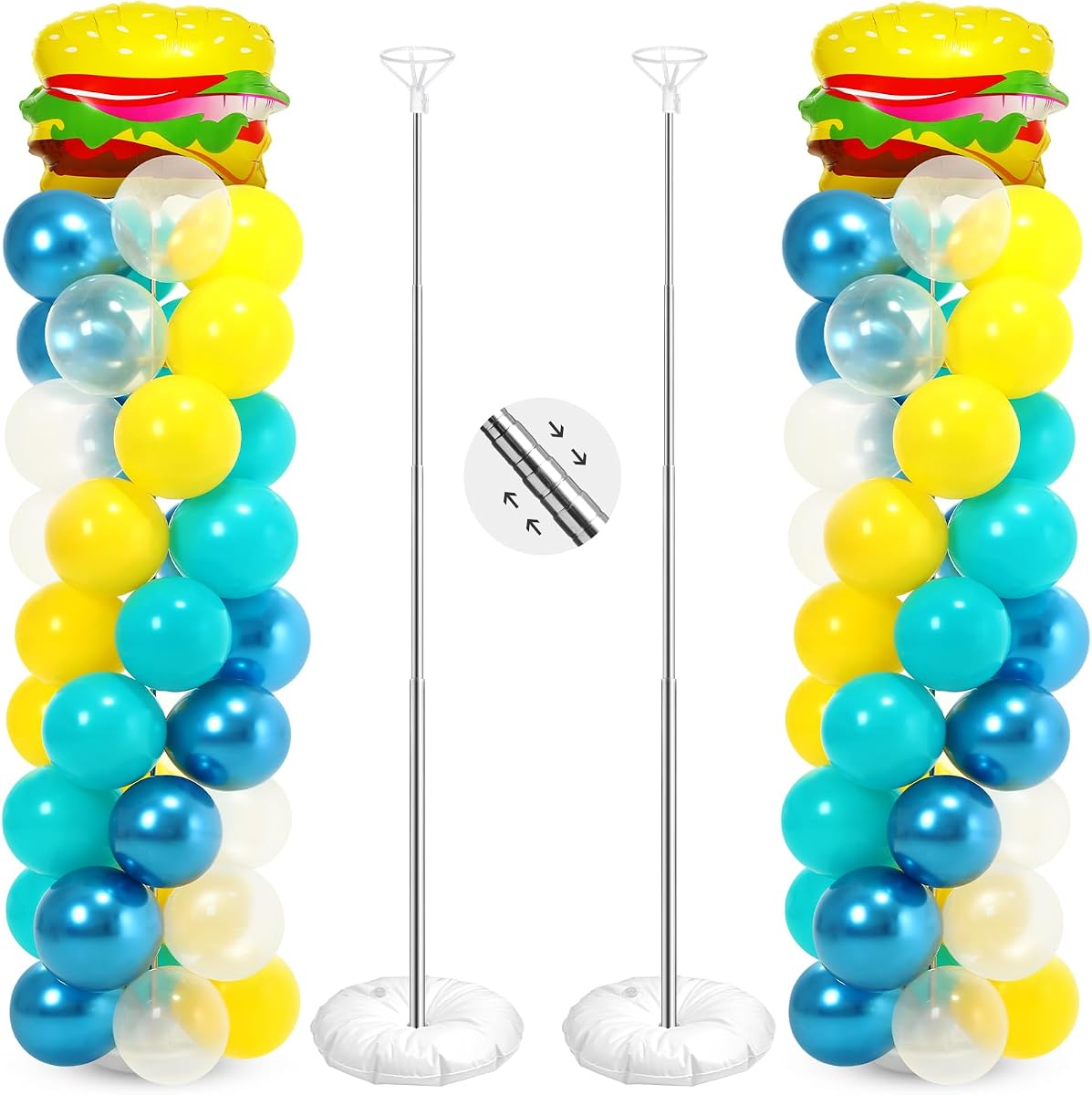 Hungdao - Juego de 2 soportes para columna de globos de esponja, globos de dibujos animados, decoración de cumpleaños, incluye hamburguesa, globo de aluminio, globos azules y amarillos con soporte para palos para suministros de fiesta de cumpleaños de dibujos animados