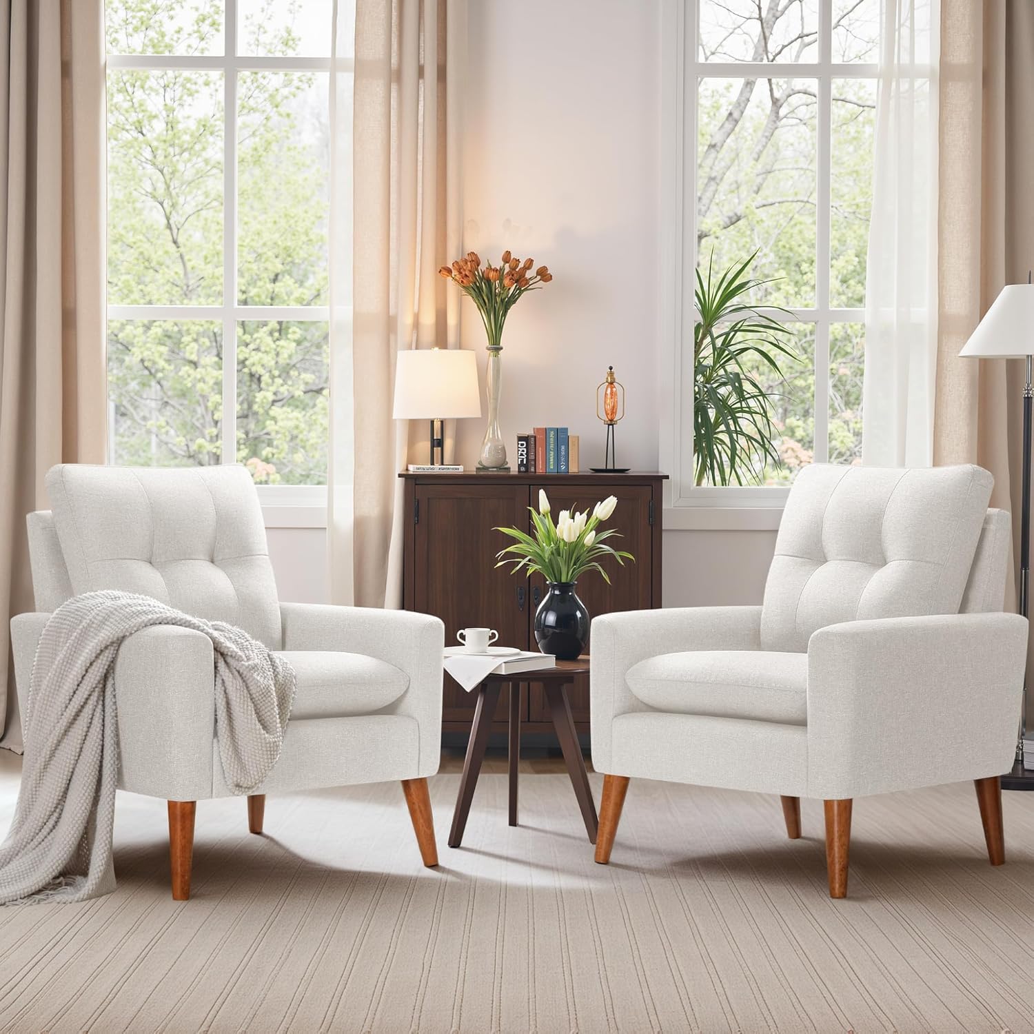 Photo 1 of ****PARTIAL SET - SINGLE CHAIR ONLY**** JUMMICO Mid Century Accent Chair, Fabric Modern Reading Living Room Chair, Fluffy Comfy Armchair Small Sofa Chair with Wood Legs for Bedroom Office Cafe, Set of 2 (Pure White)
