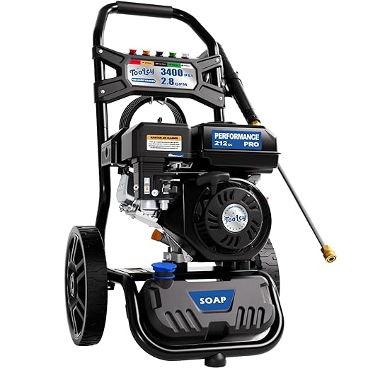 TOOLCY Gas Pressure Washer 3400PSI/2.8GPM Power Washer Upgraded Pump, 30ft Hose, Onboard Soap Tank, Spray Gun &5 Quick-Connect Nozzles for Driveway, Deck, Car Cleaning