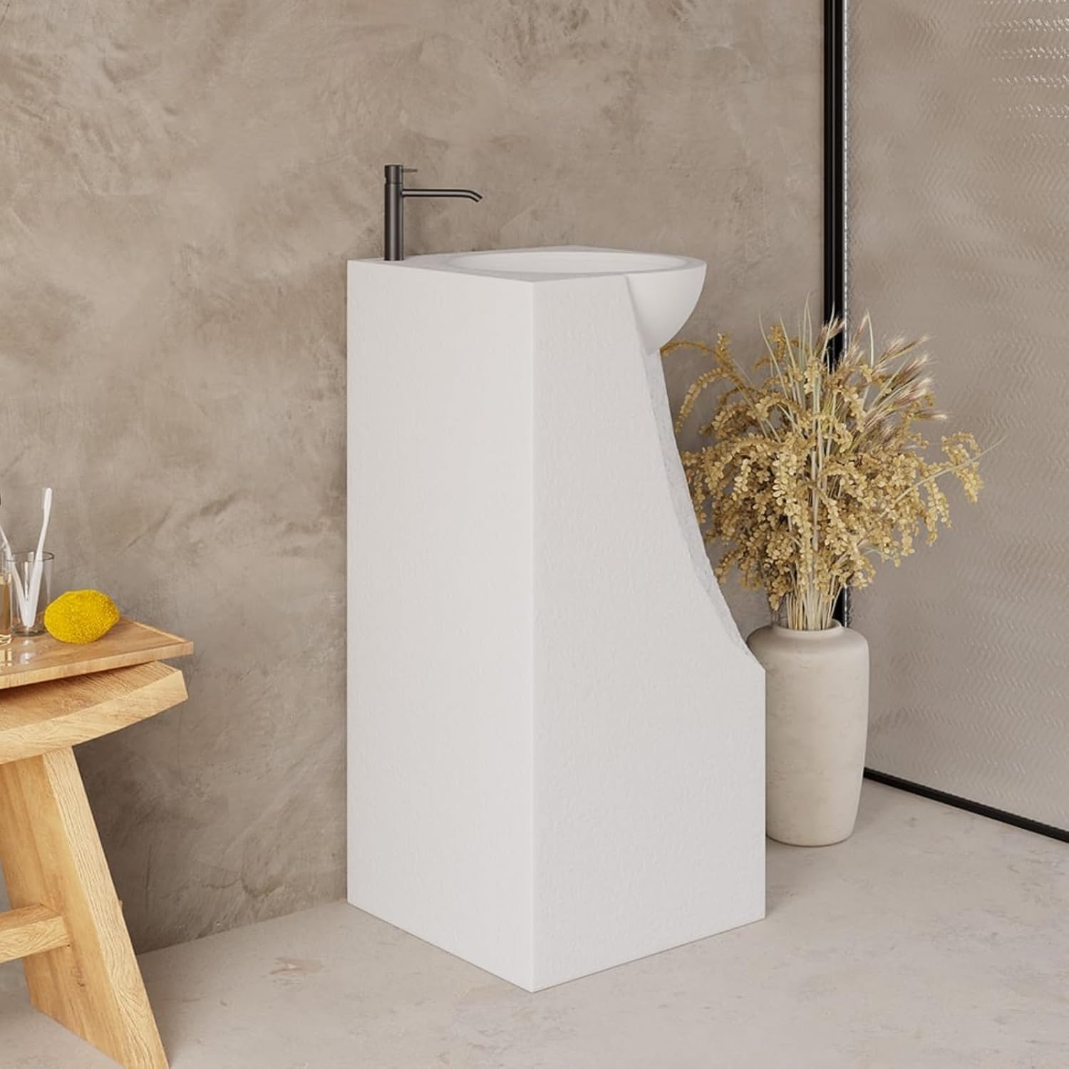 Bathroom Pedestal Sink, 34" Japandi Tall Stone Resin Pedestal Sink with Rounded Basin Freestanding in White for Bathroom/Garden