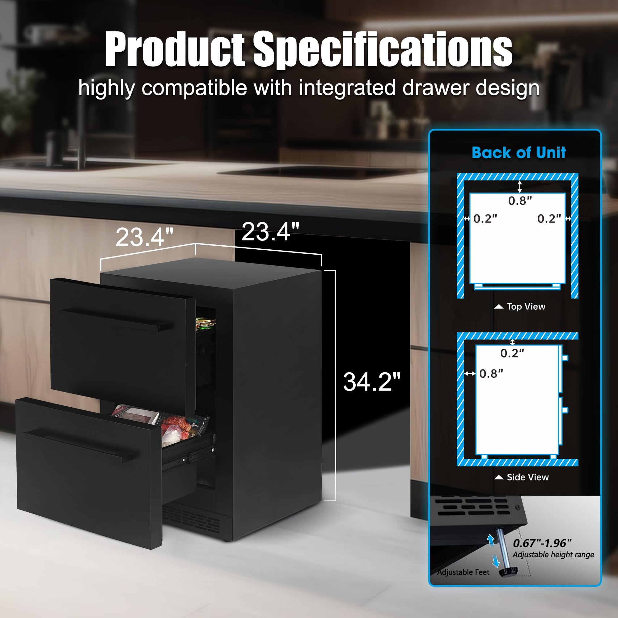 24inch Double Drawer Refrigerator With Freezer,Under Counter Beverage Fridge For Indoor Outdoor Kitchen, Waterproof Black Stainless Steel Freezer For Freshness & Freezing Meat (-0.4℉ To 50℉) on Fridge.com - View 5