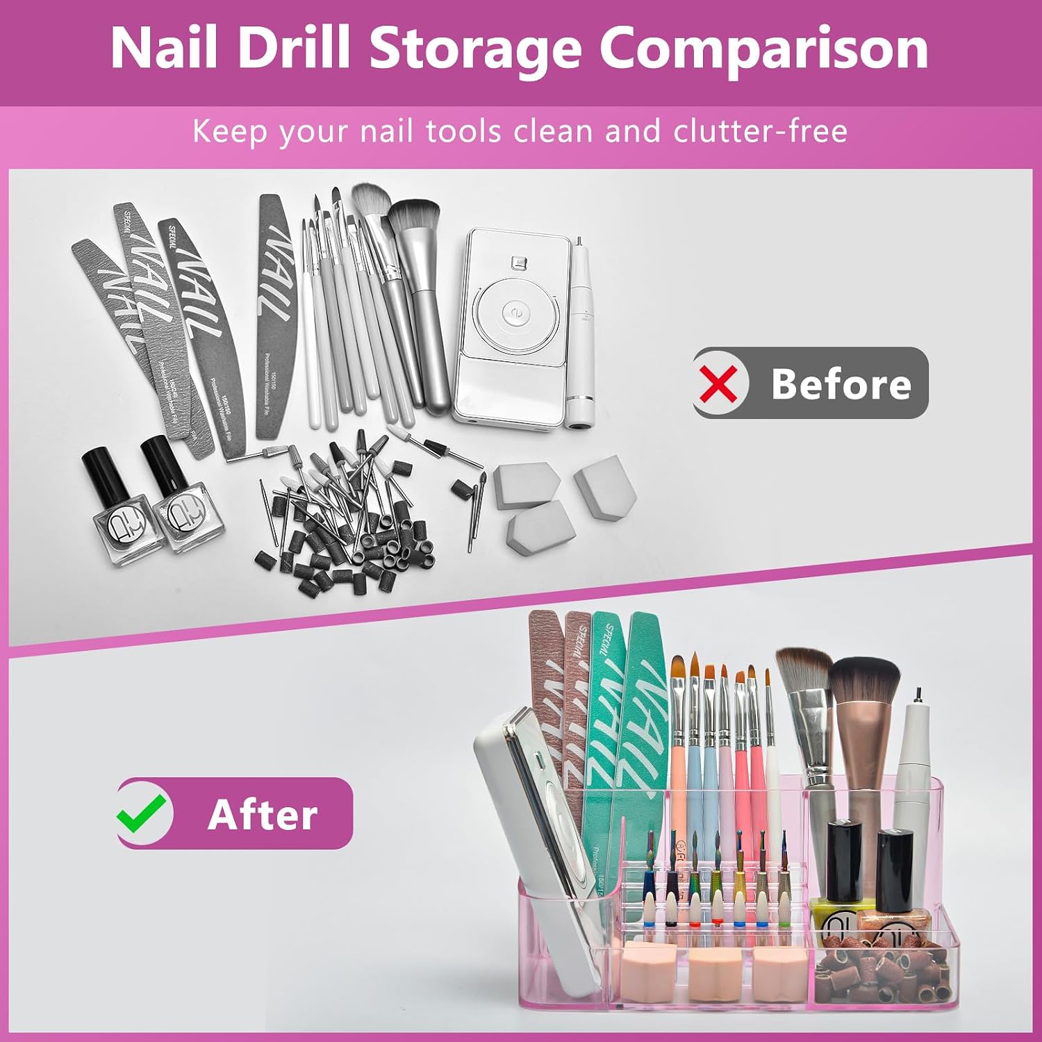 CGBE Nail Drill Holder, 28 Holes Transparent Nail Desk Organizer - Pink image 4