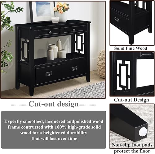 Miniatura 9 de L"KeKe Mesa consola de granja de 36 pulgadas con 4 cajones y 1 estante de almacenamiento, madera de pino adecuada para entrada, entrada, sala de