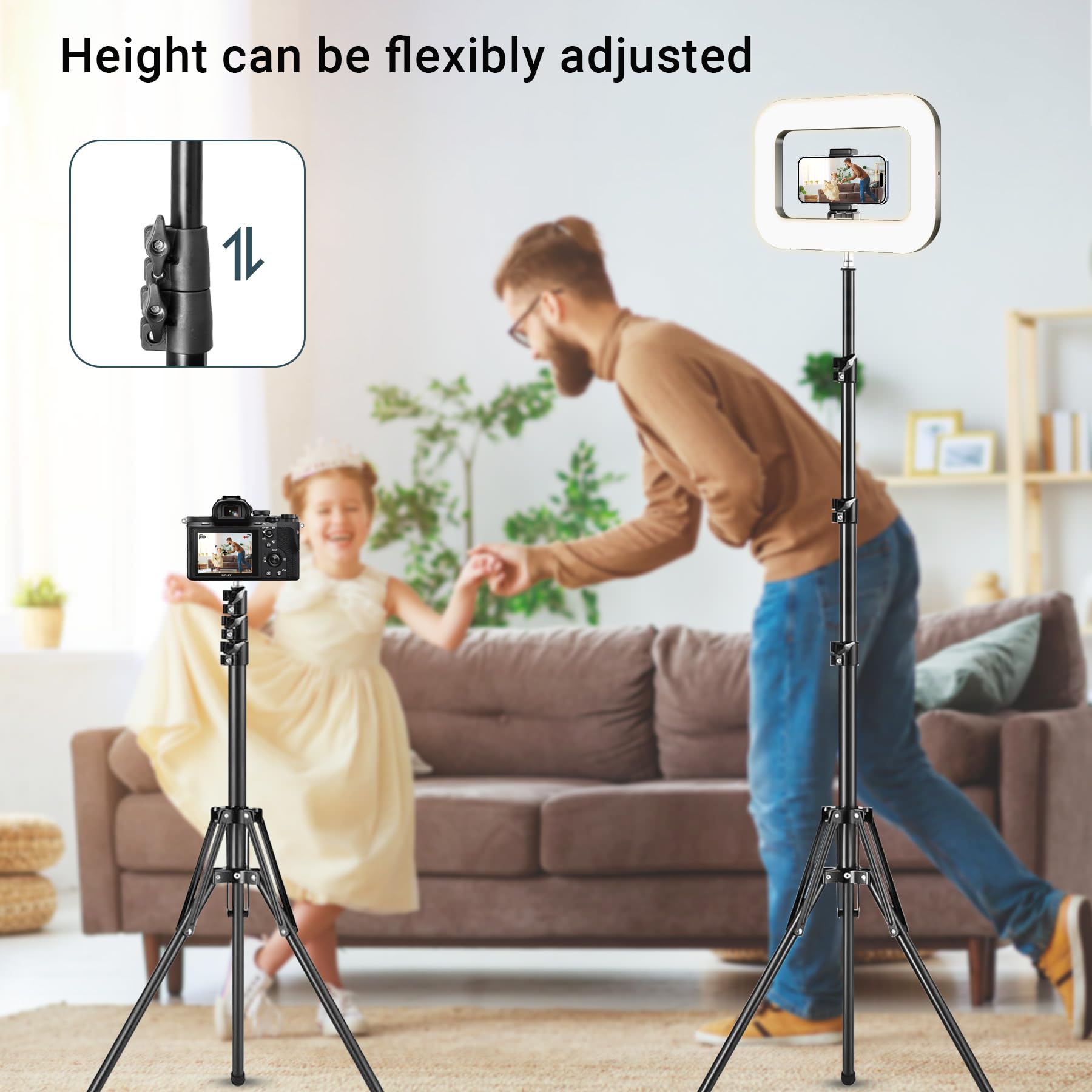 Luce ad anello ricaricabile con supporto per registrazione video, treppiede dimmerabile per iPhone, luce quadrata con supporto per telefono, per creatori di contenuti, selfie, trucco, live streaming
