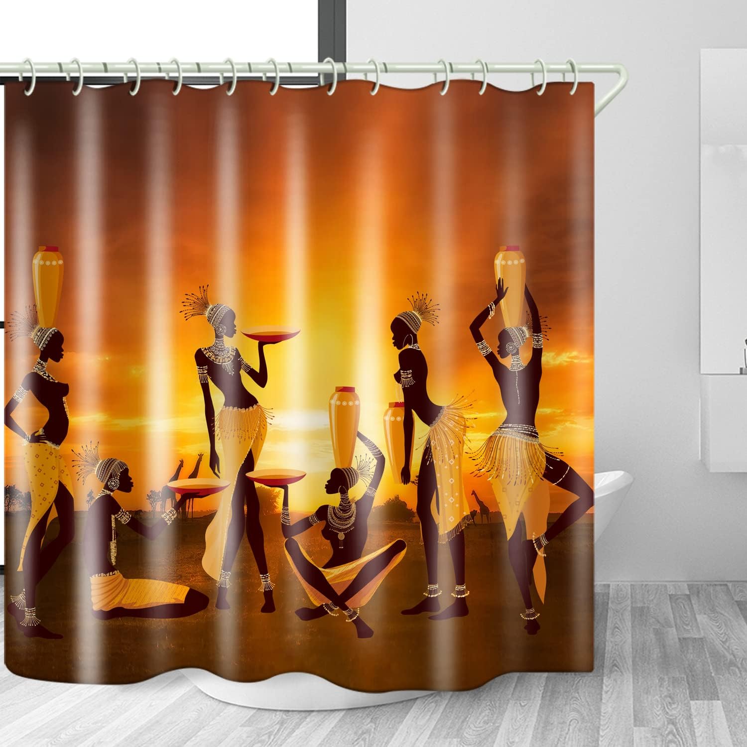 LYFANS Waterproof Shower Curtain Set Bathroom Orange African Tribal Print, Beautiful Wide Fabric Bathroom Curtain Bathtub Privacy Shower Curtains, 12 Hooks and 79 X 72 Inch Shower Curtain.