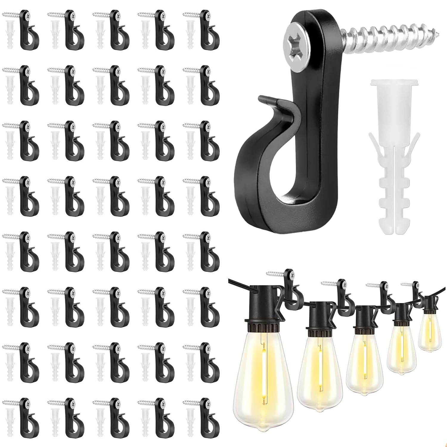 40 Pack Screw Hooks Q-Hanger Screw in Hooks with Safety Buckle for Light Wire for Hanging String Lights Plants, Screw Hooks for Wood, Indoor and Outdoor Hanger Hook, Fence Hooks for Outdoor Lights LED