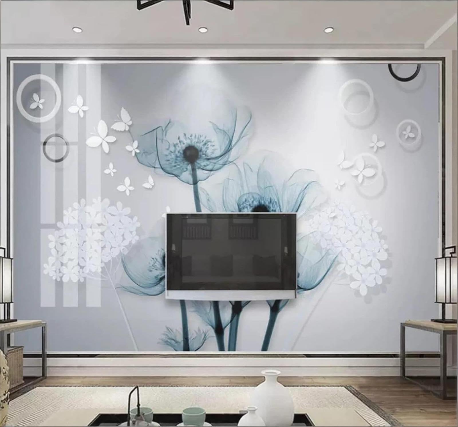 Wallpaper-3D-Xlm 250Cm×170Cm(B×H) Minimalist Blue White Flowers Butterflies 3D Wallpaper Easy Install Feature Office Living Room Sofa Bedroom Tv Background Wall Decoration-250Cm×170Cm