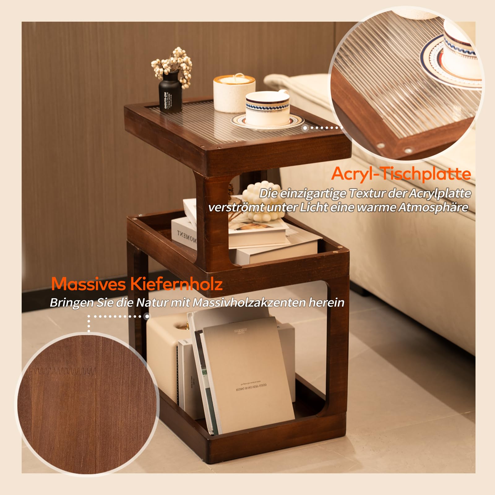 Nachttisch aus massivem Kiefernholz, Stabiler Beistelltisch für Boxspringbett, moderner Couchtisch klein mit Schublade für Schlafzimmer, Wohnzimmer, Holz-Nachtschrank 40x30x61 cm